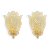 Set of Two Transparent Graniglia “Leaf” Murano Glass Wall Sconces