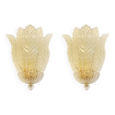Set of Two Transparent Graniglia “Leaf” Murano Glass Wall Sconces