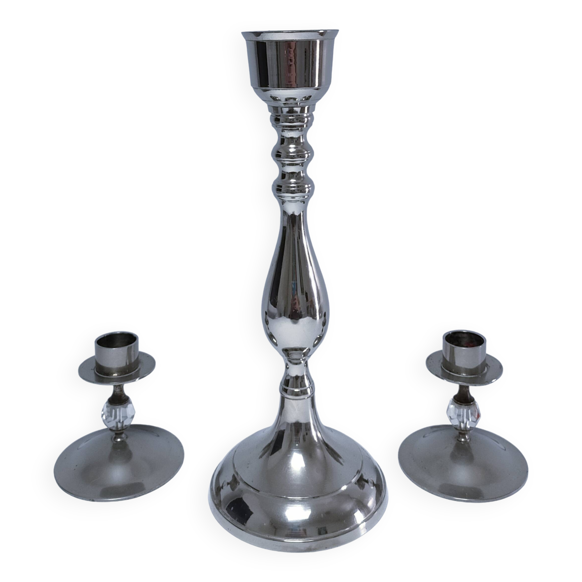 Three vintage metal chrome glass candlesticks