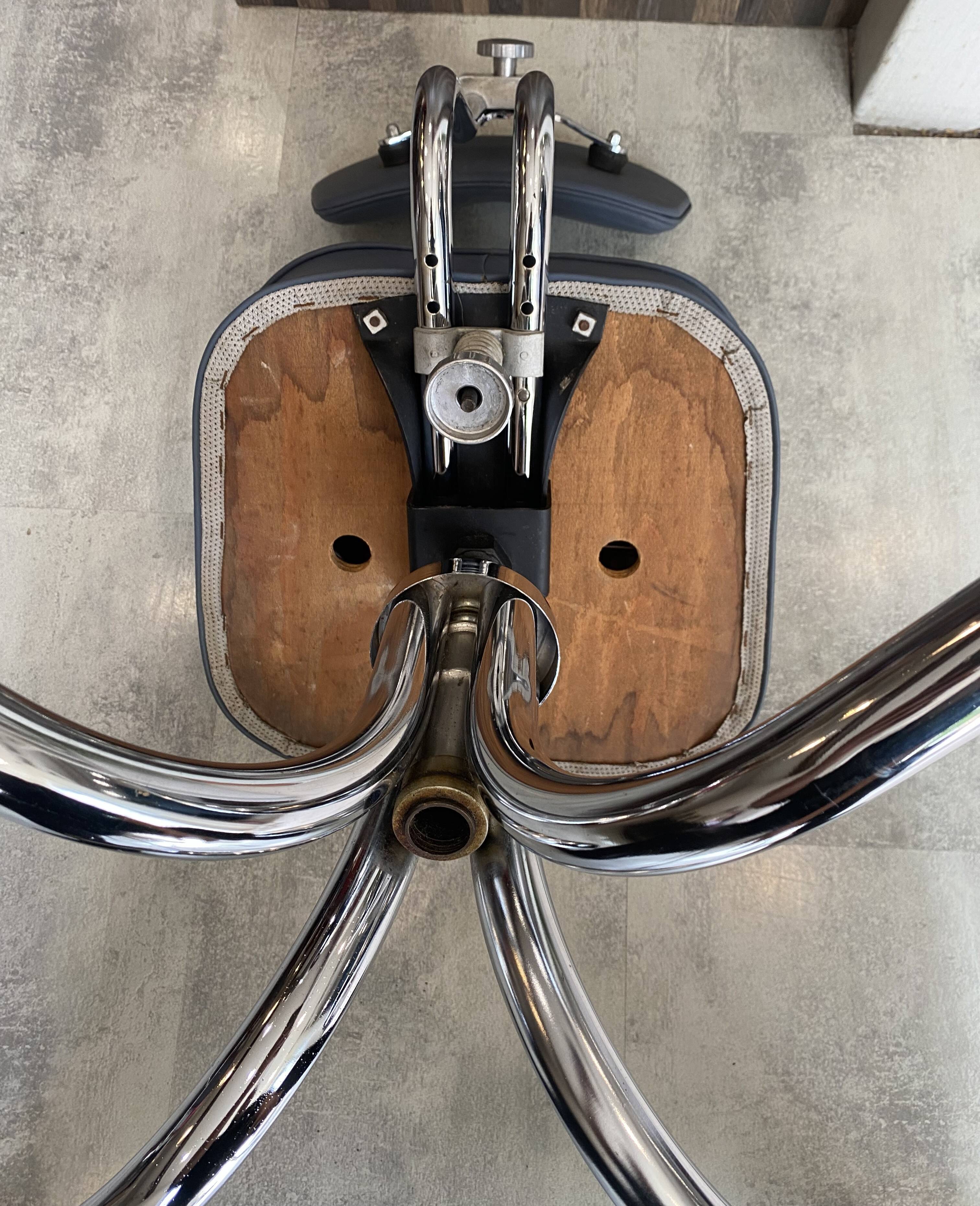 Swivel office chair in Roneo style, grey faux leather with vintage chrome.