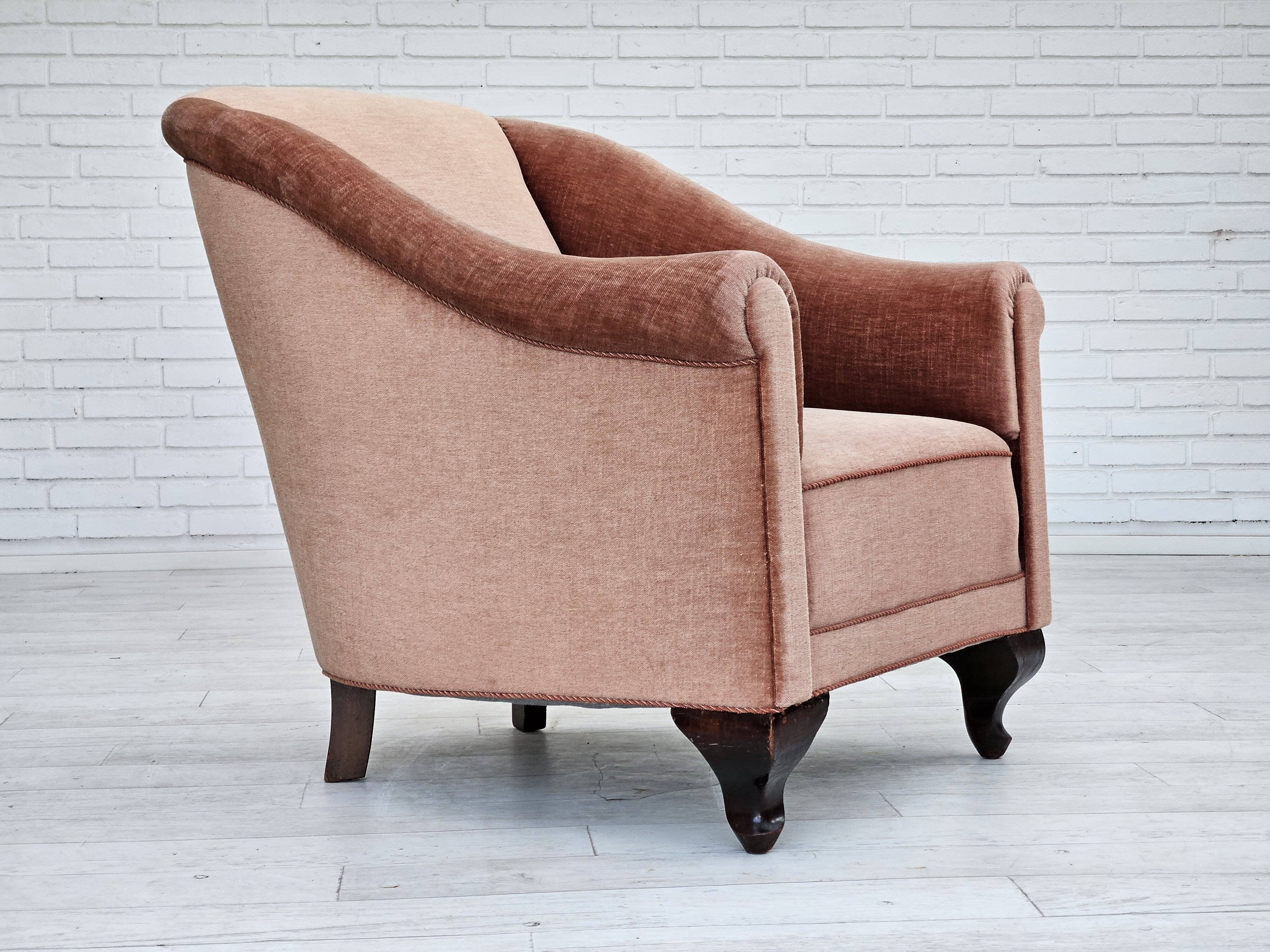 1960s, Danish armchair, salmon pink furniture velour, ash wood legs.
