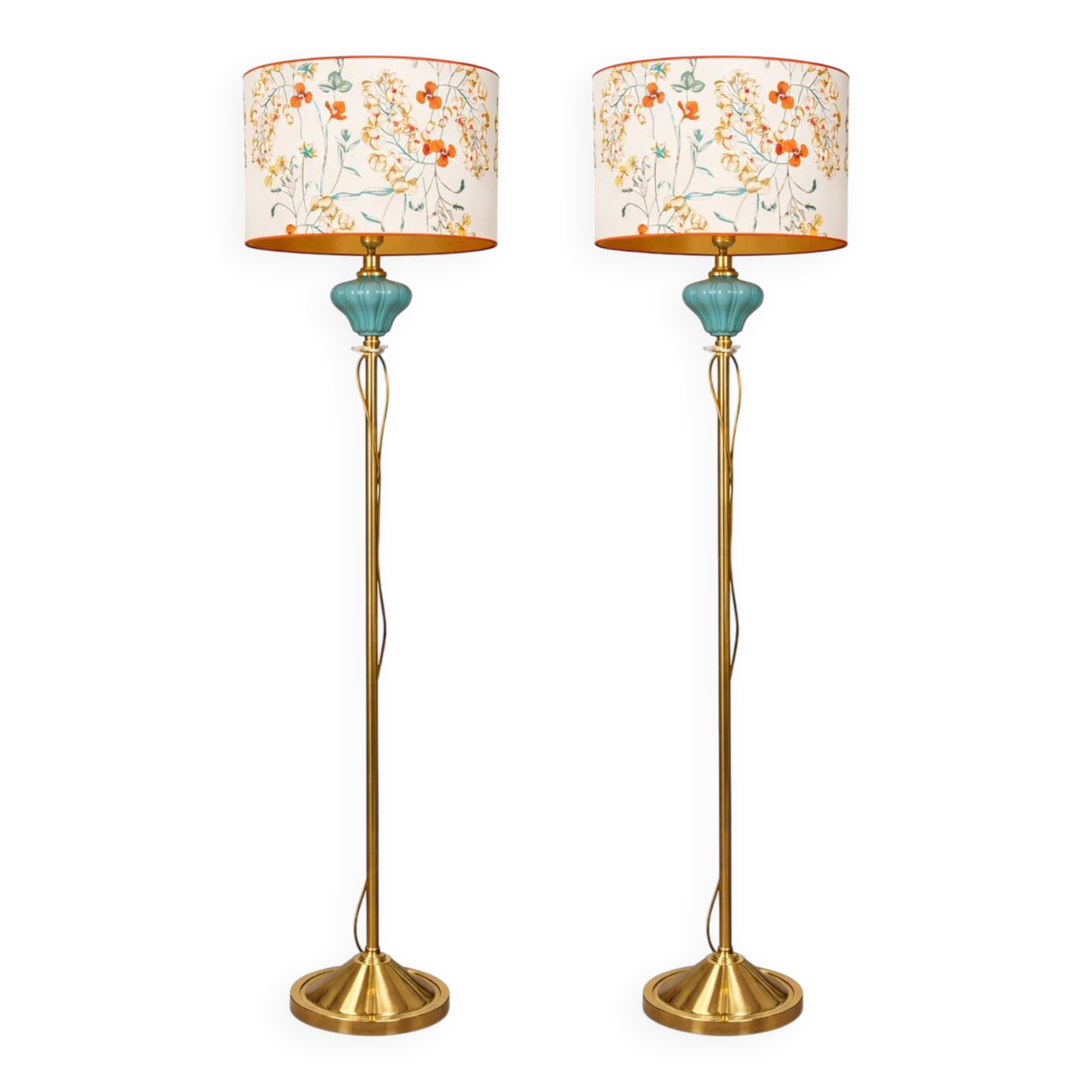 Pair of vintage floor lamps in brass and turquoise ceramic.