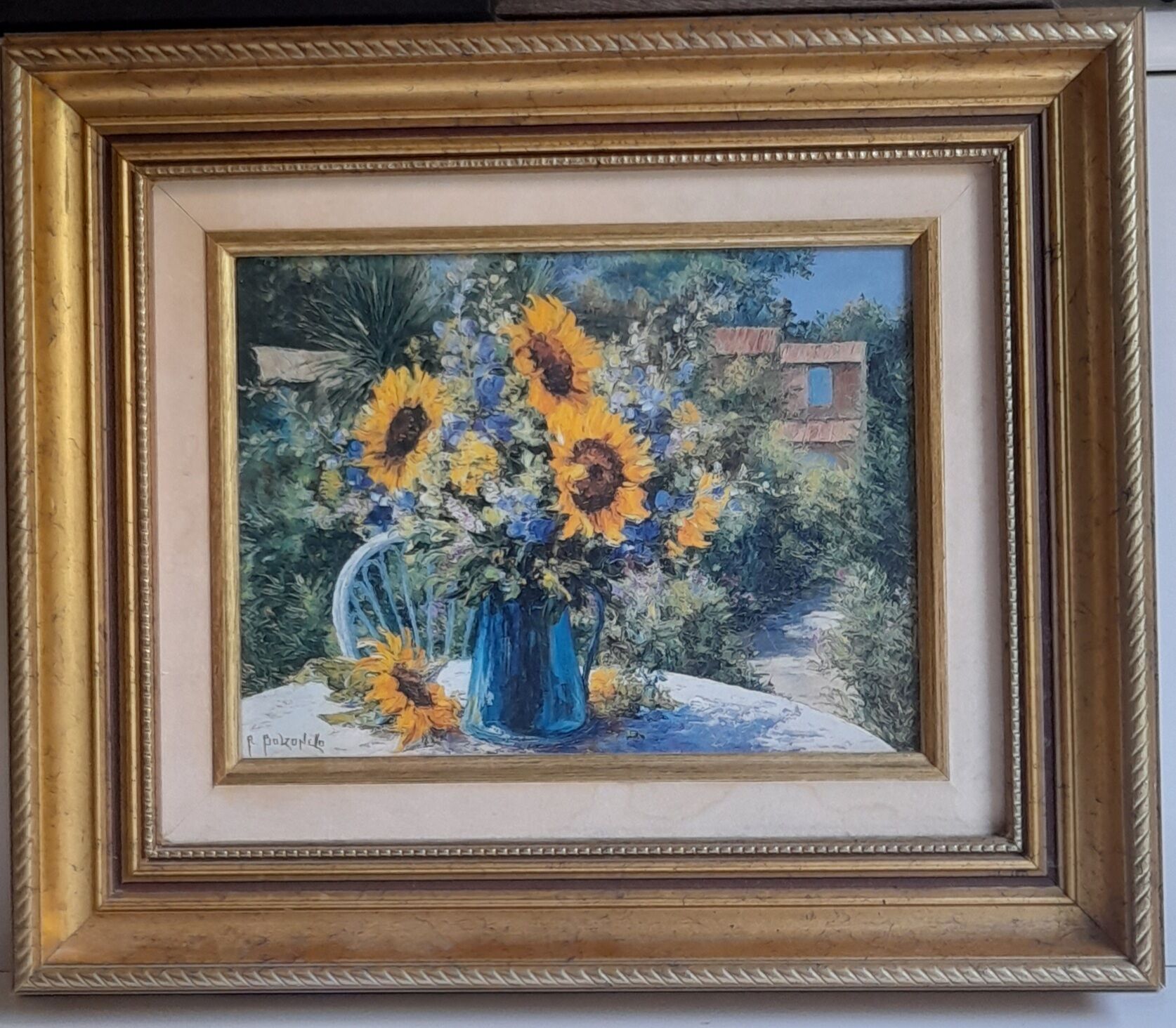 Original sunflower canvas signed by the French painter Roger Bolzonello 39 cm x 33 cm