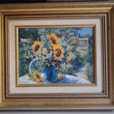 Original sunflower canvas signed by the French painter Roger Bolzonello 39 cm x 33 cm
