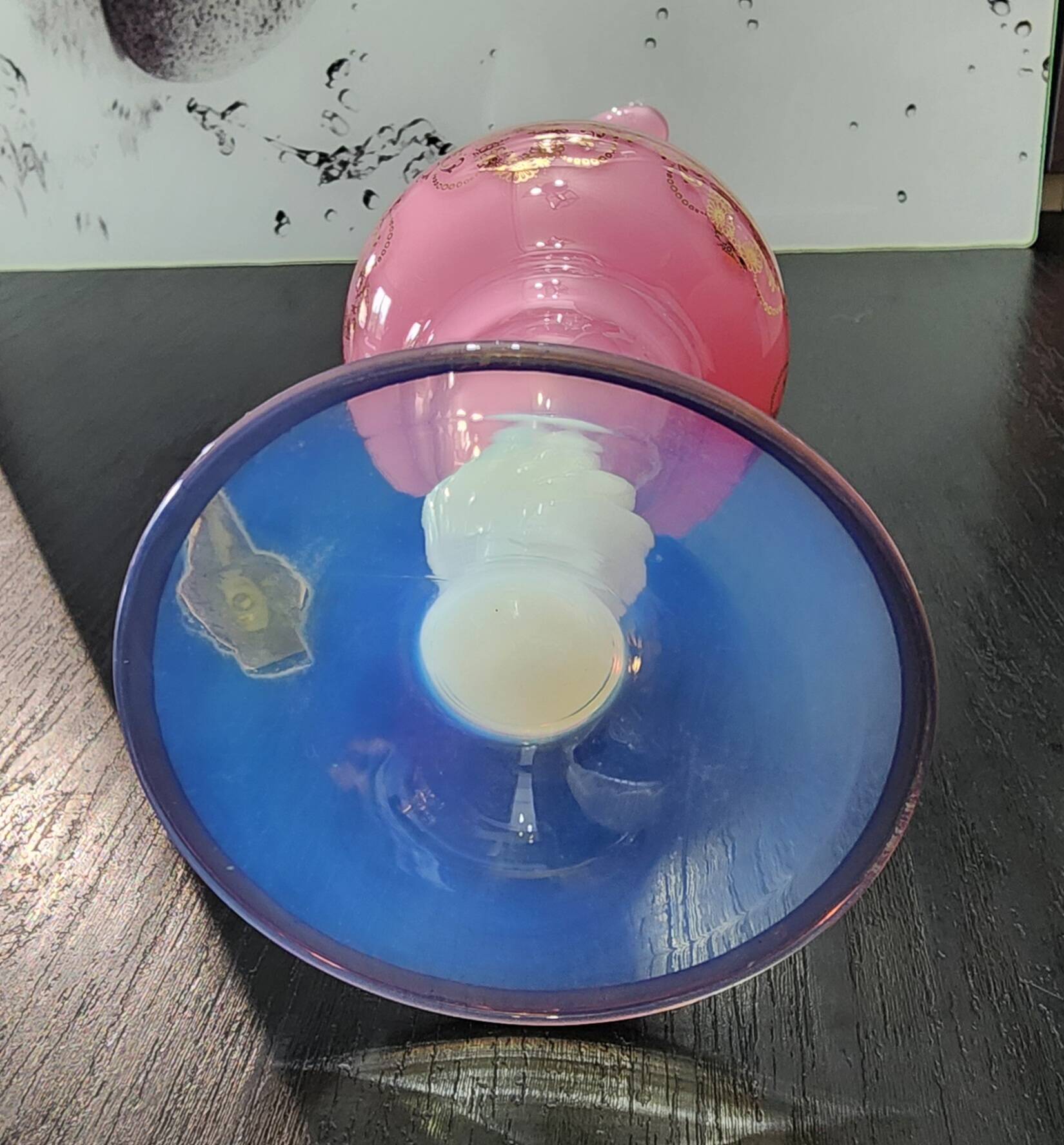 Vintage ewer vase opaline glass pink / blue and gold