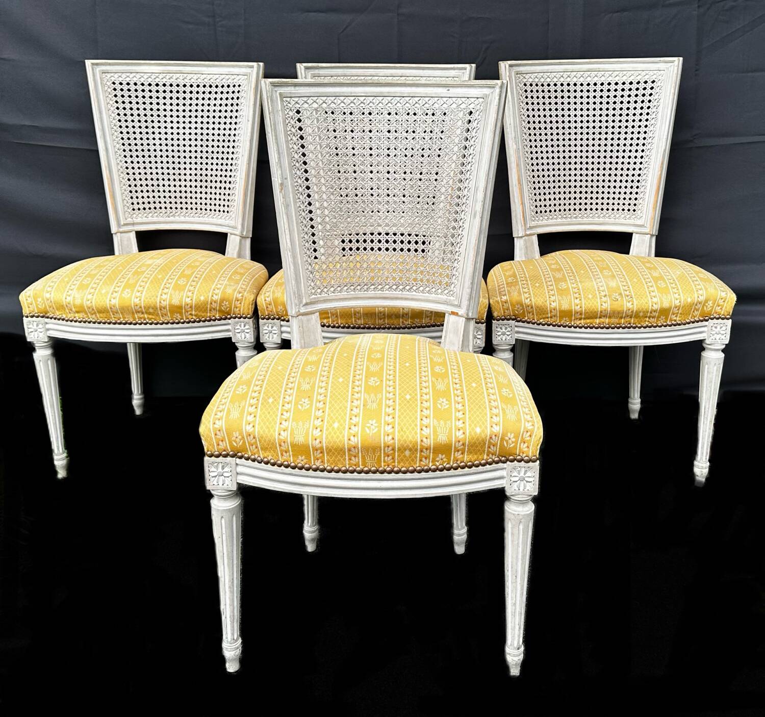 4 Louis XVI chairs - Pierre Frey fabric seat - cane back