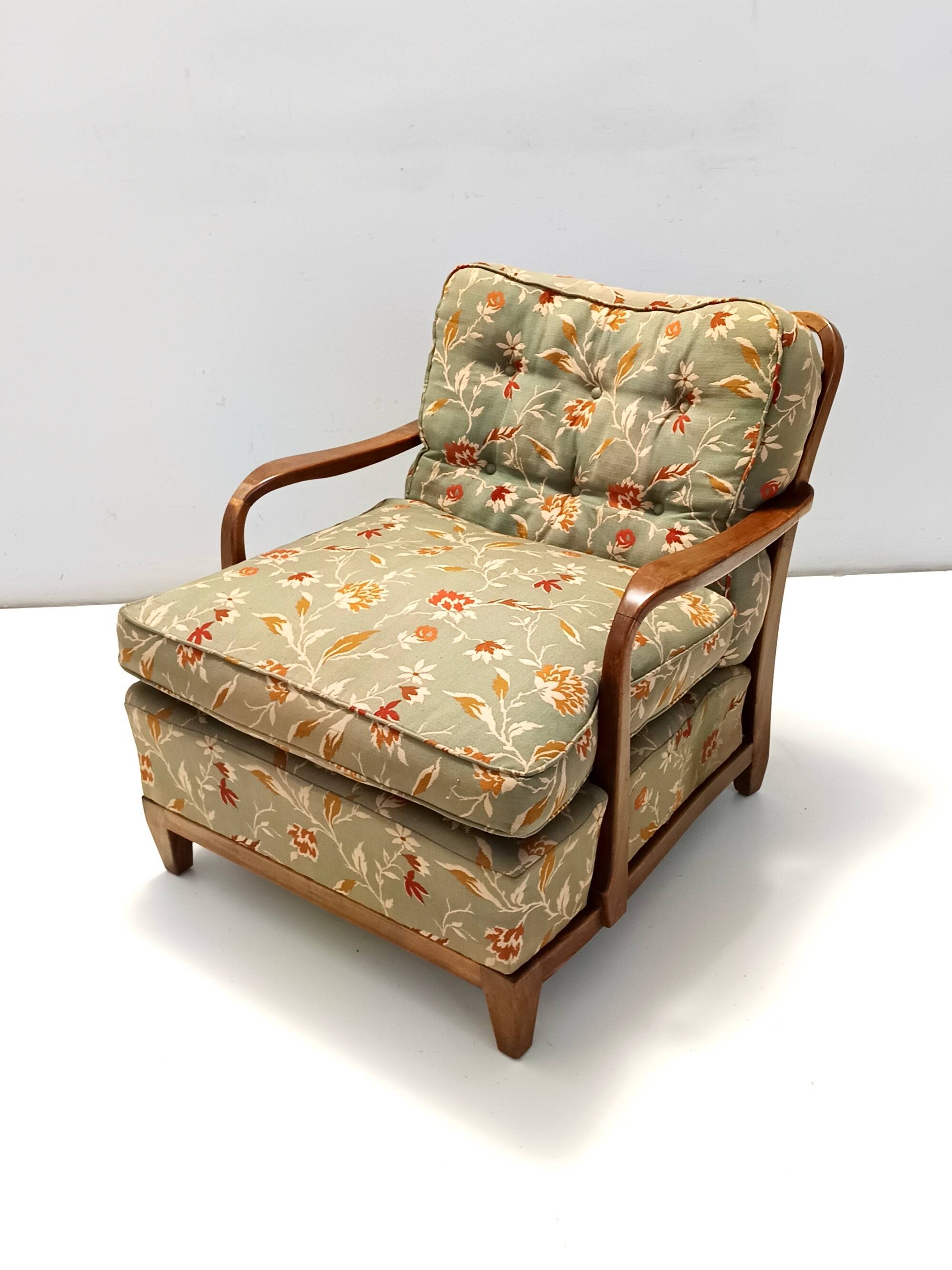 Pair of Olive Green Fabric Armchairs by Paolo Buffa with Walnut Frame