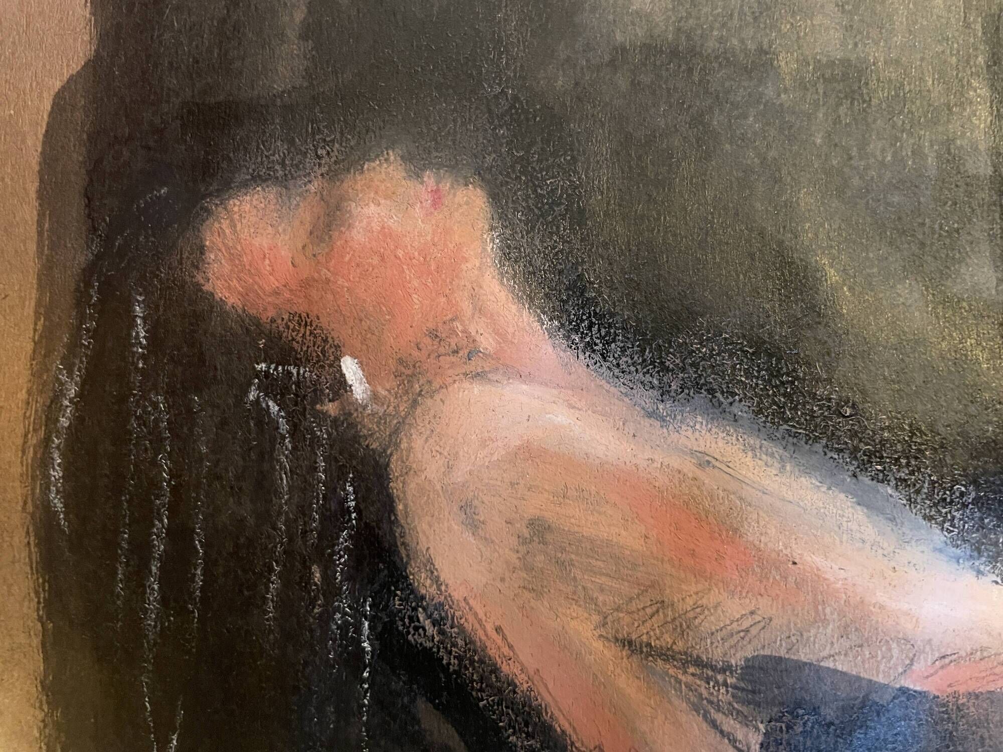 Signed painting, pastel, Chinese ink, portrait of a woman "black sun"
