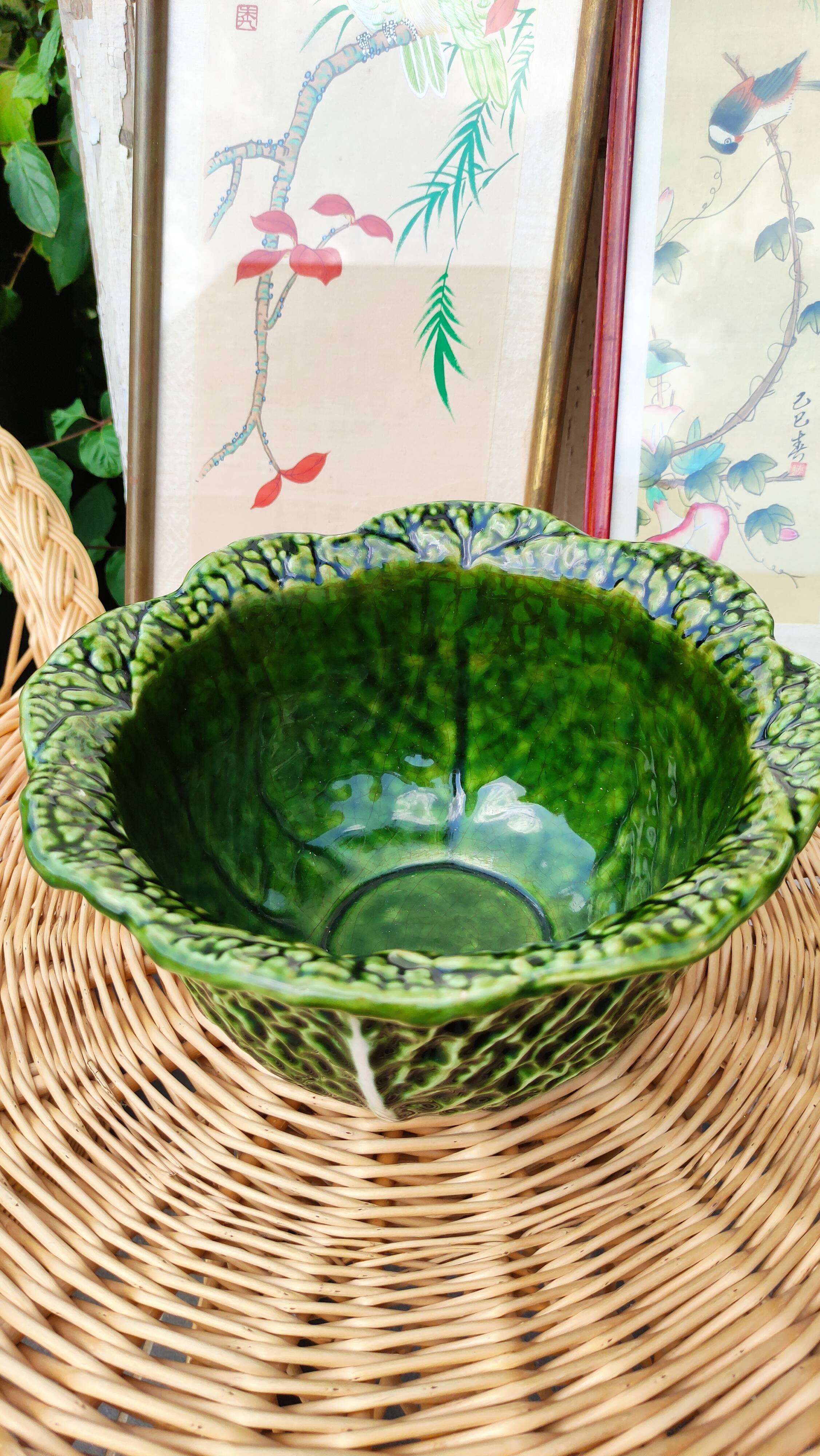 Saladier en barbotine vintage, feuilles de choux
