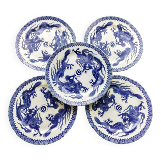 5 Assiettes à dessert en porcelaine du Japon Décor de dragons