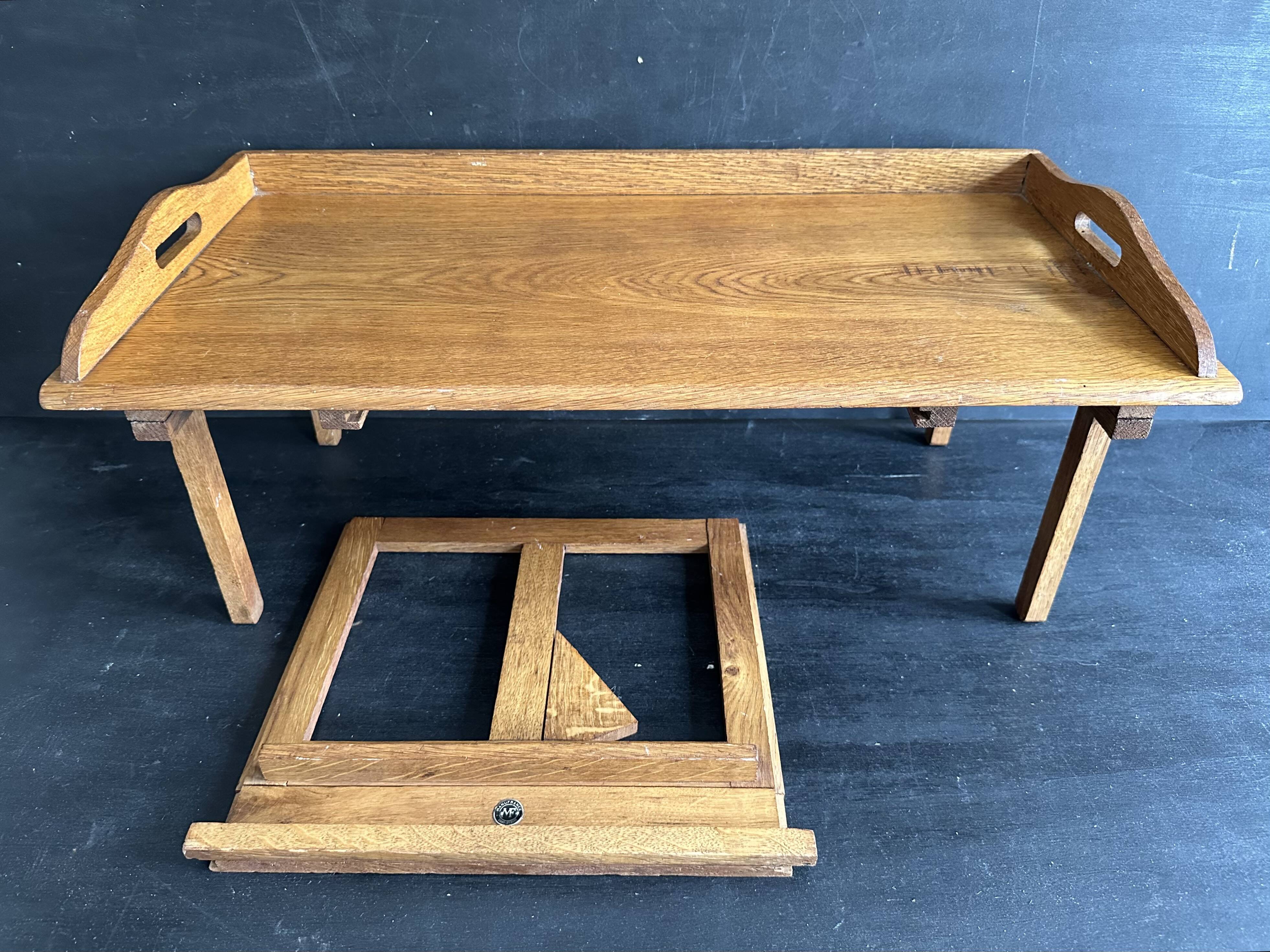 Manufrance wooden bedside table, folding tray with book holder.