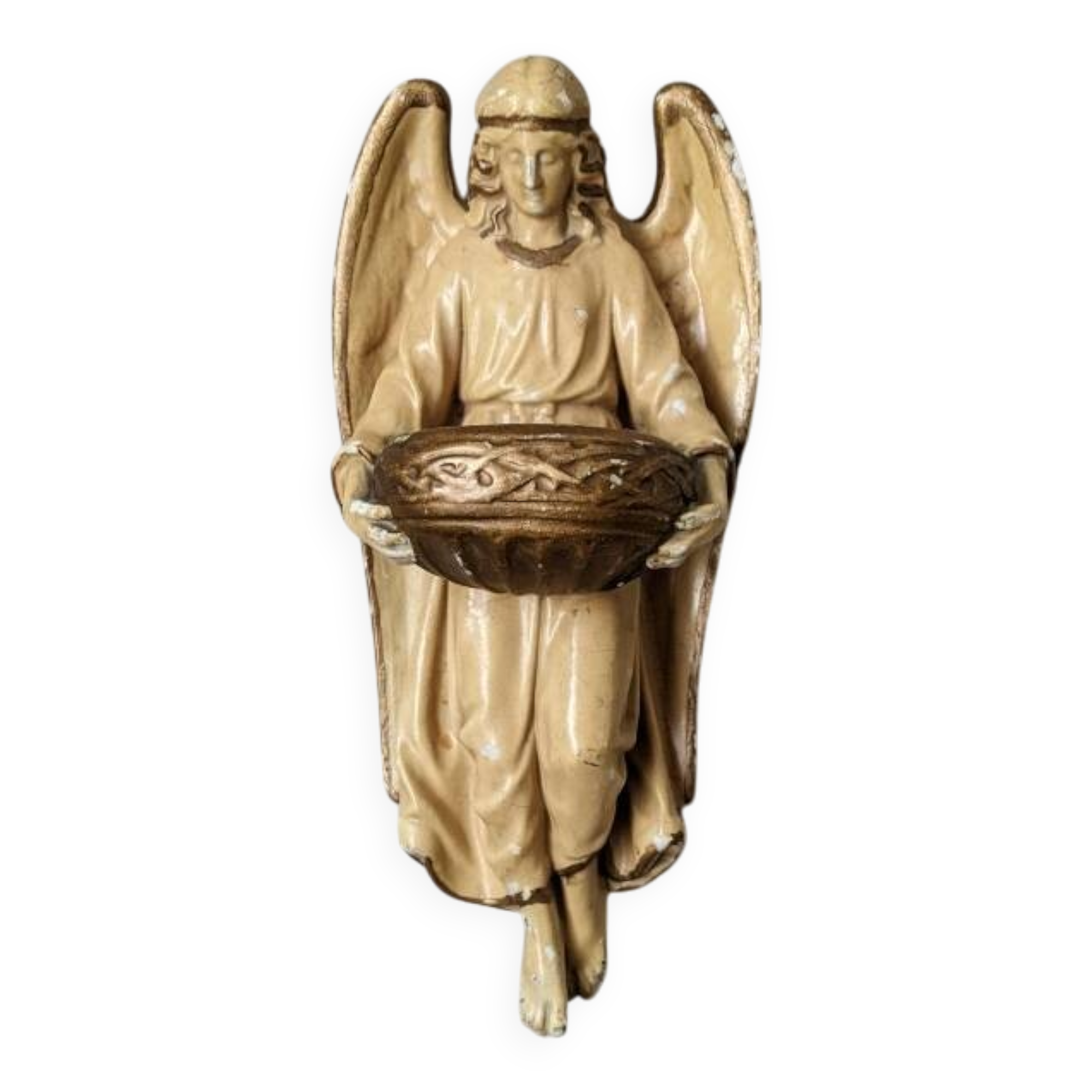 Antique ceramic holy water font with winged angel, religious object, country decoration