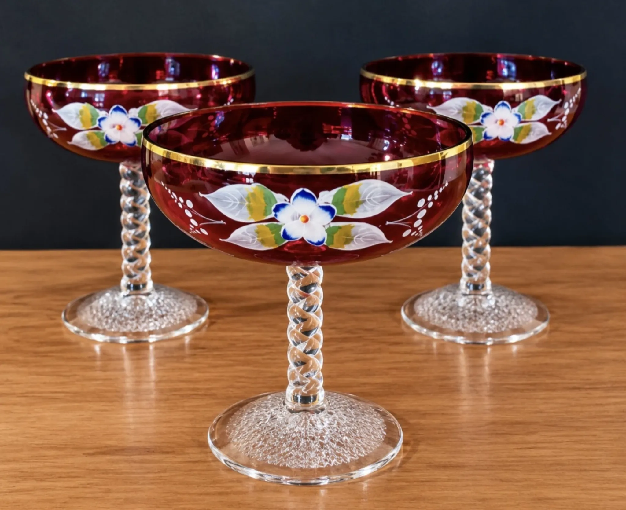3 Bohemian crystal champagne coupes from the 1960s.
