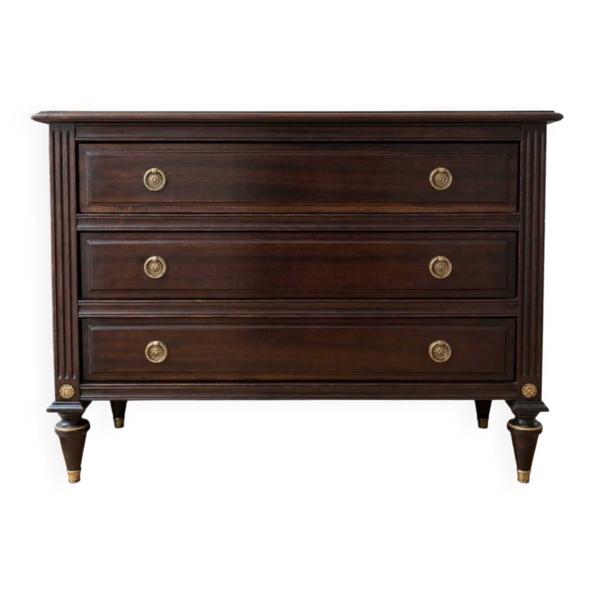 Antique Louis XVI commode in brown wood and gilded brass.
