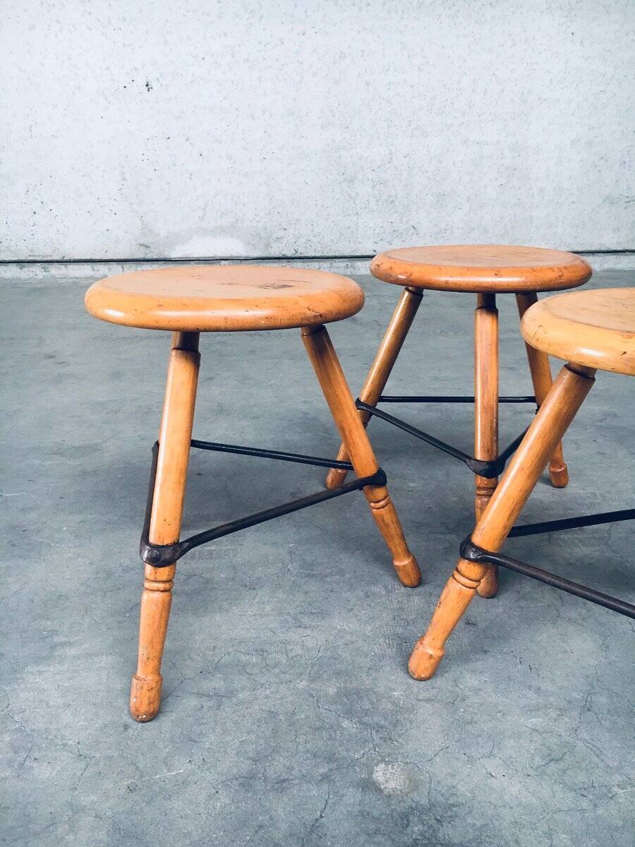 Industrial Low Tripod Stools, Belgium, 1950s, Set of 3