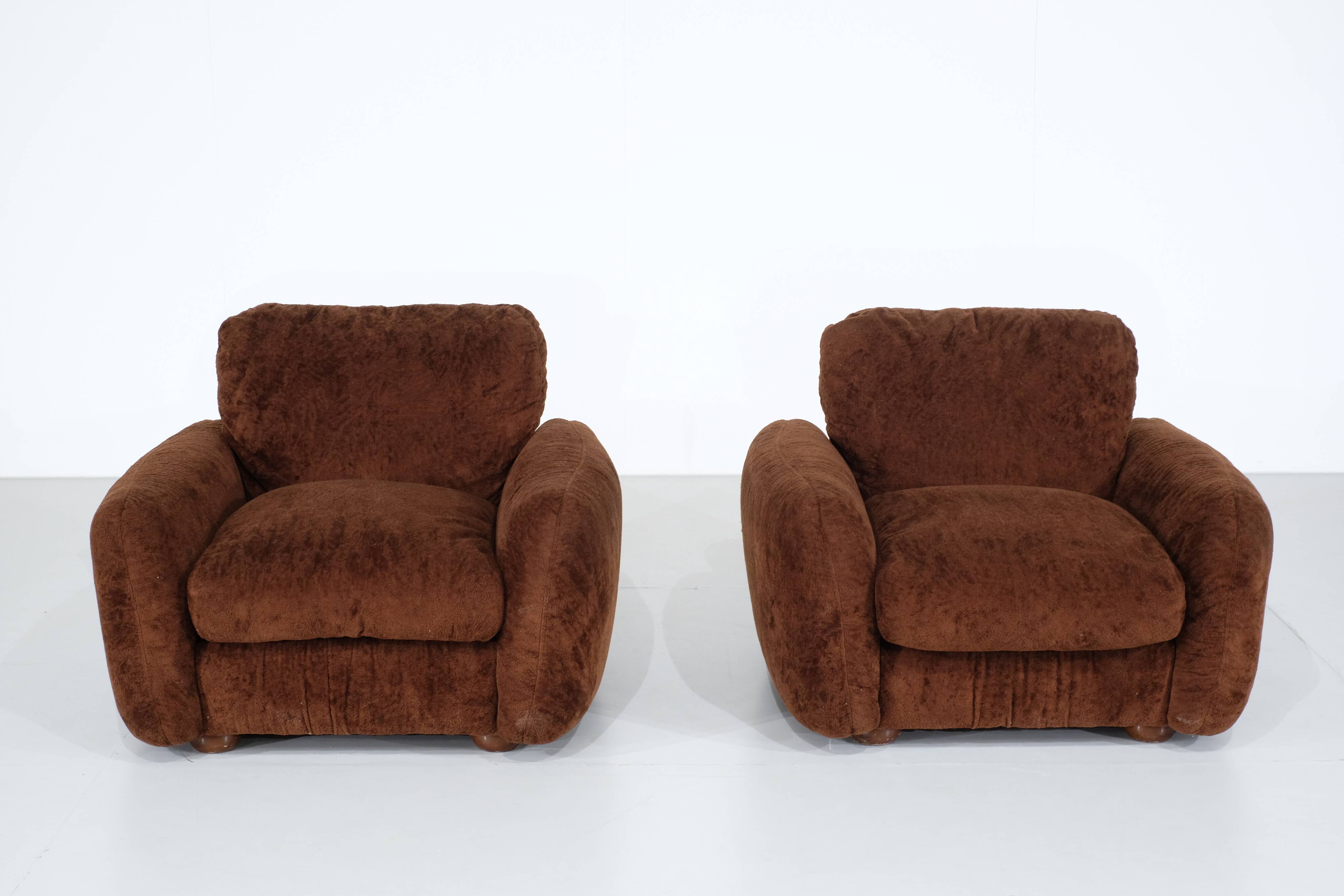 pair of brown fabric armchairs, Italy - 1970s