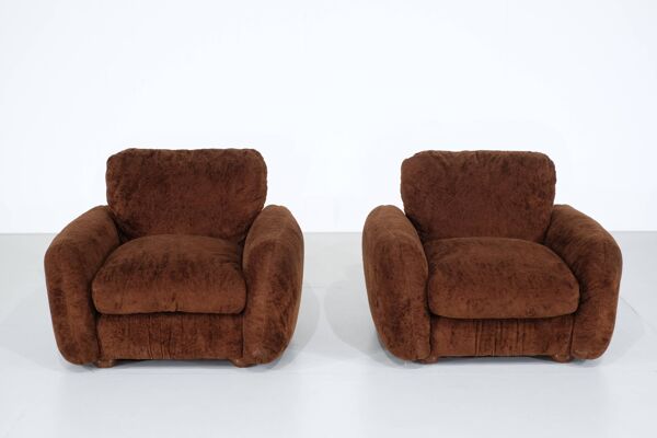 paire de fauteuils en tissu marron, Italie - 1970s