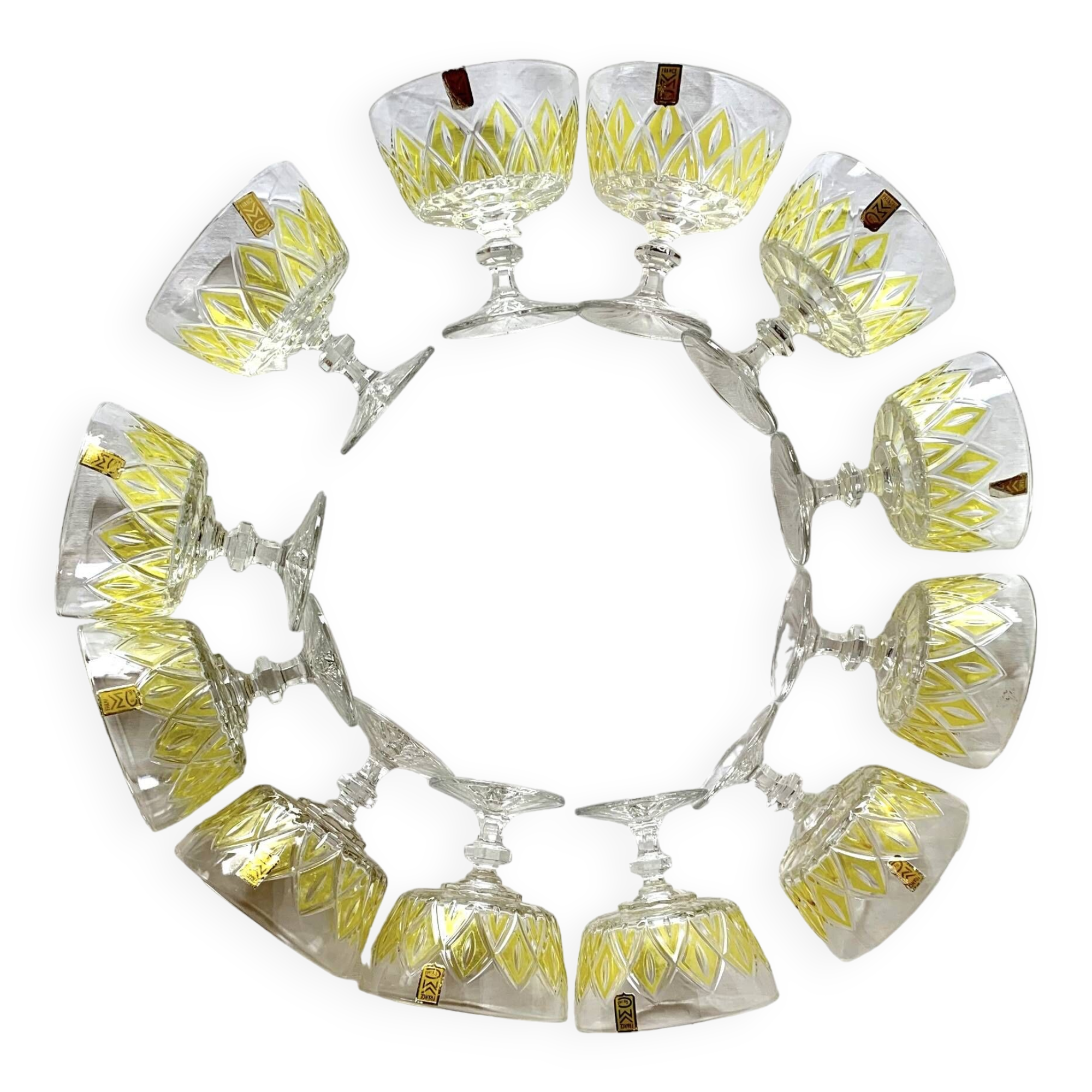 Set of 12 glasses - VMC Reims Arlequin champagne glasses - yellow decor