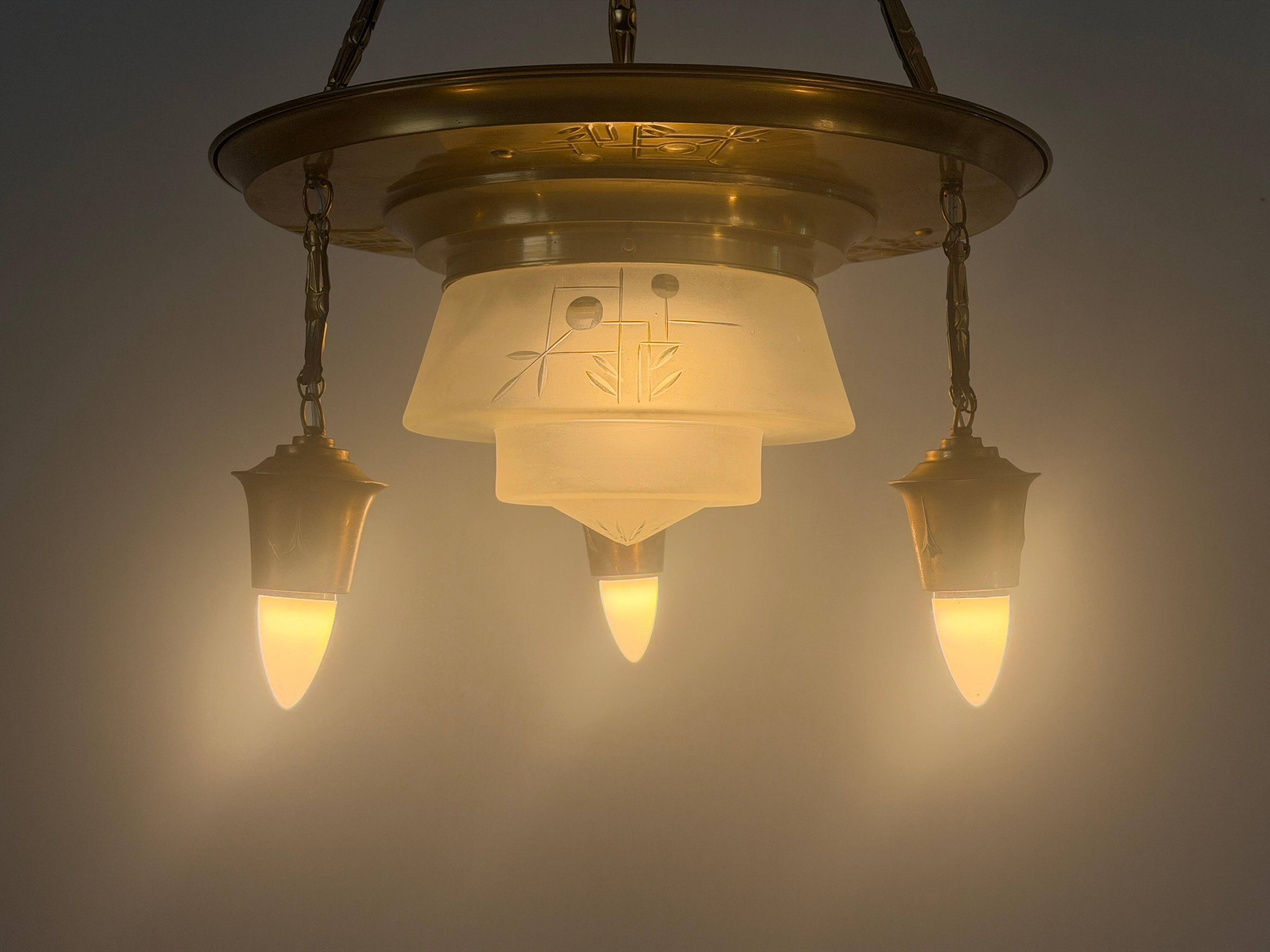 Art Deco ceiling light in copper and glass, 1940s, Germany