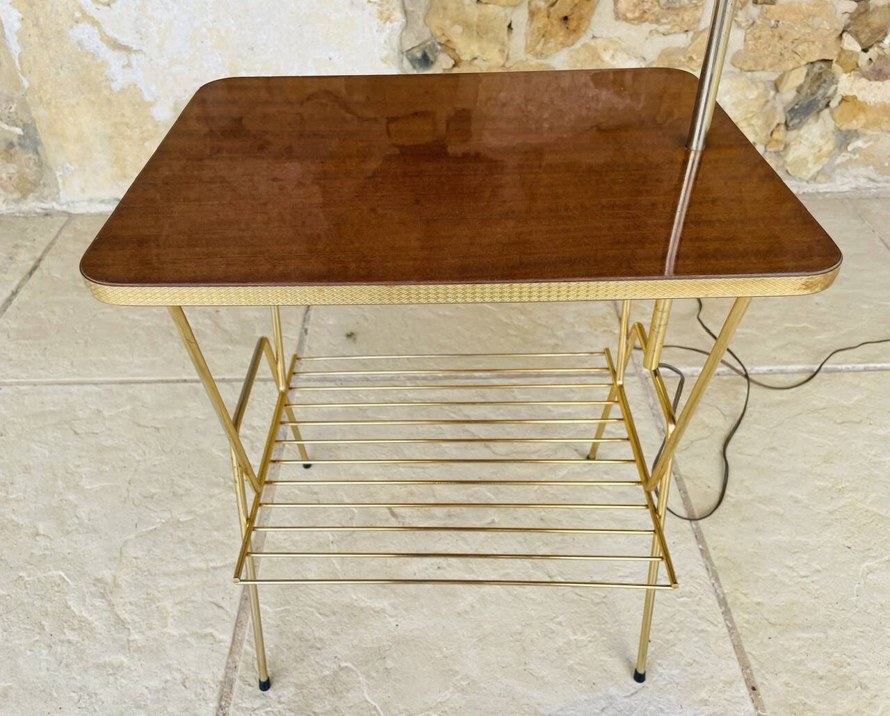 Vintage articulated floor lamp with shelf and magazine holder 1960s