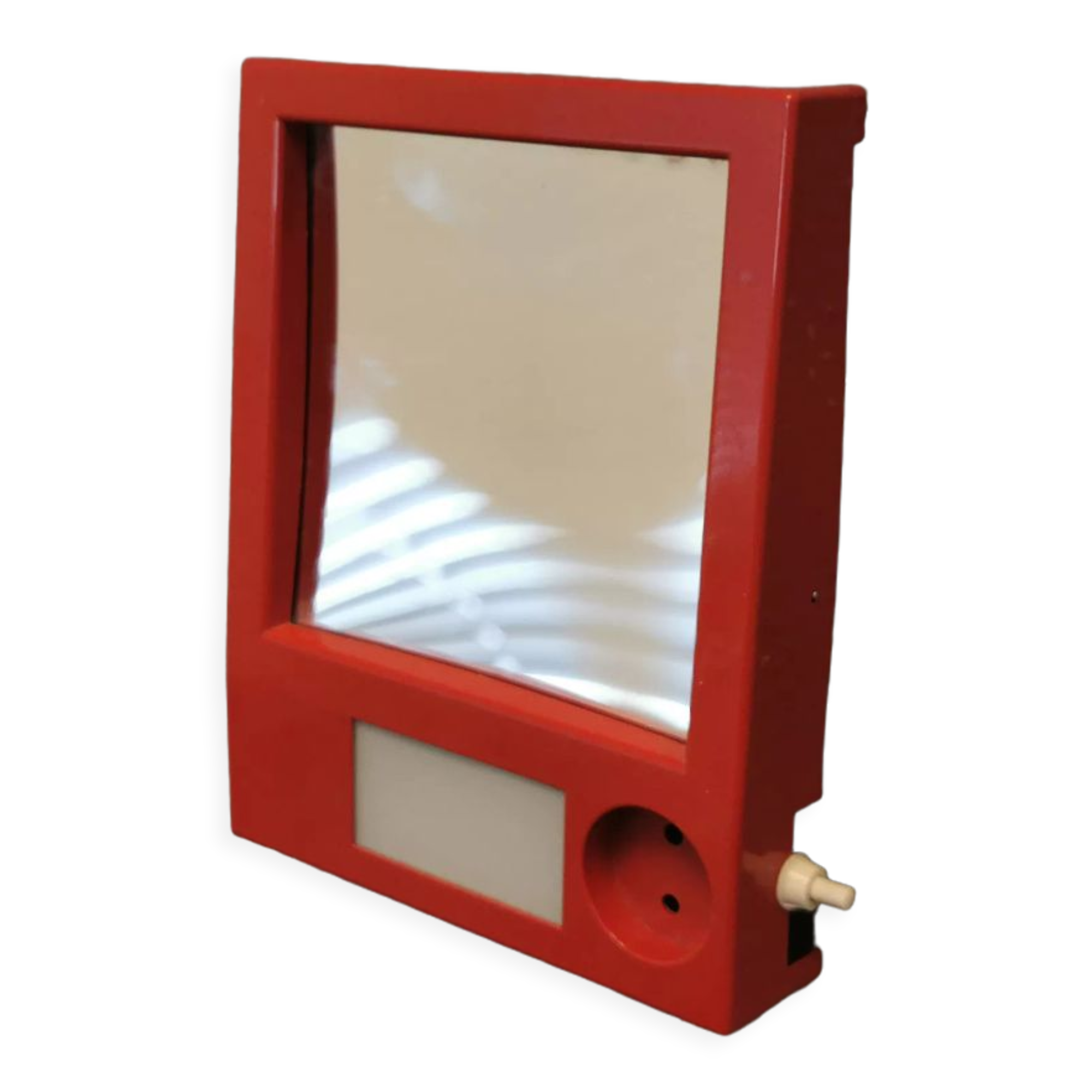 Red danish make up mirror with light and power plug from the 1970