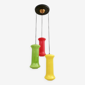 Red, Yellow and Green Three-Light Cased Glass Chandelier by Vistosi, Italy