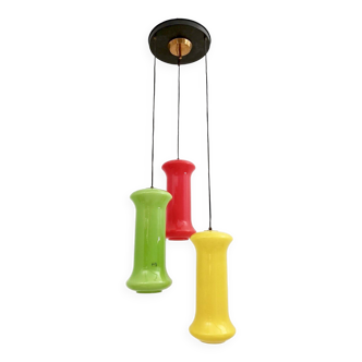 Red, Yellow and Green Three-Light Cased Glass Chandelier by Vistosi, Italy