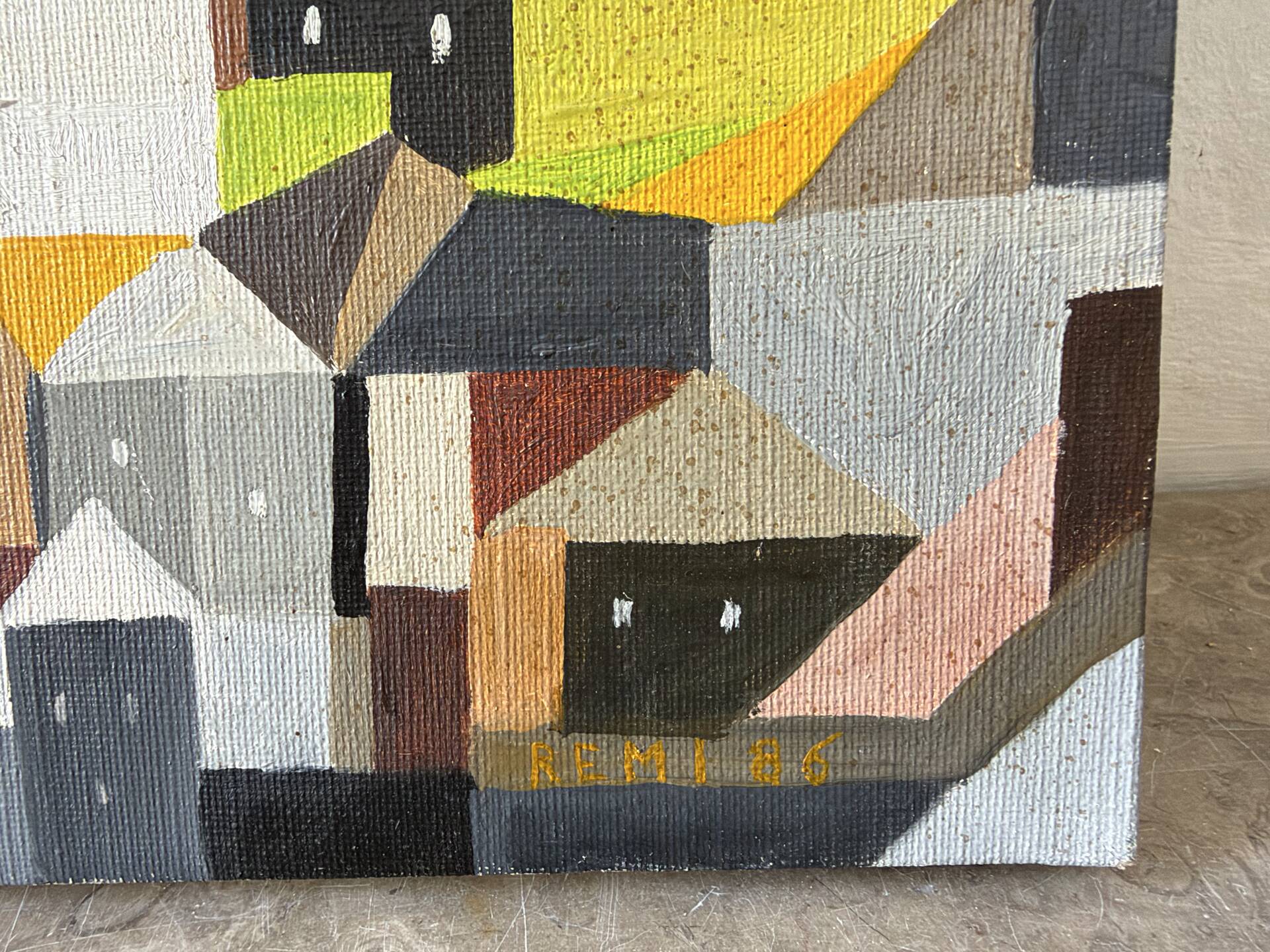 Cubist city, oil on canvas signed Remi 1986