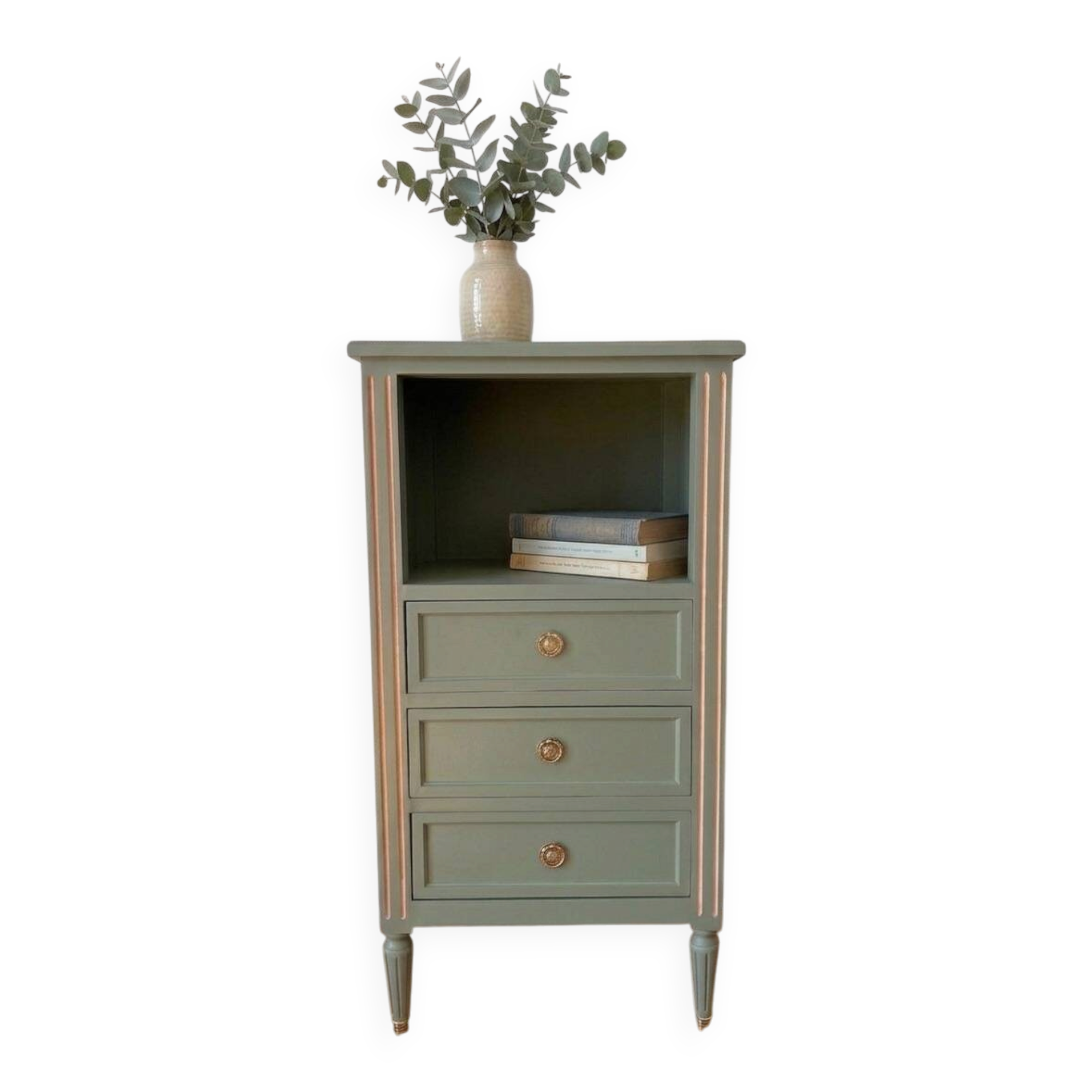 Vintage Louis XVI style chest of drawers – sage green paint, doorknobs