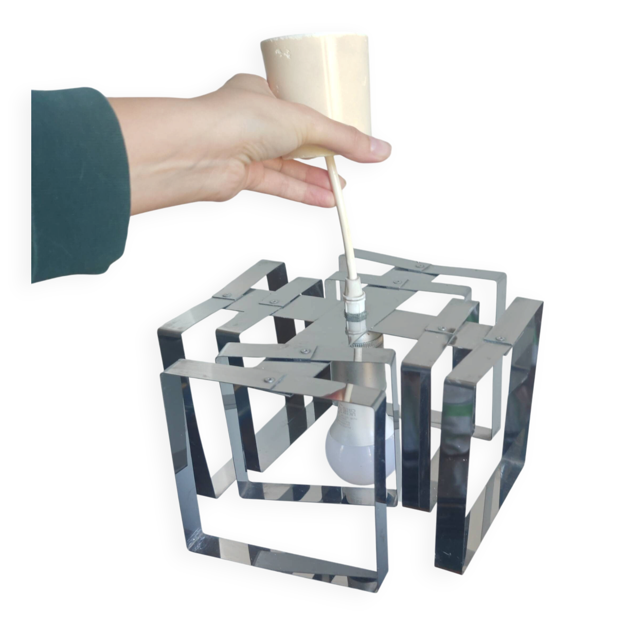 Lampe Cube Métal Chromé Vintage 70s - Style Sciolari / Rega