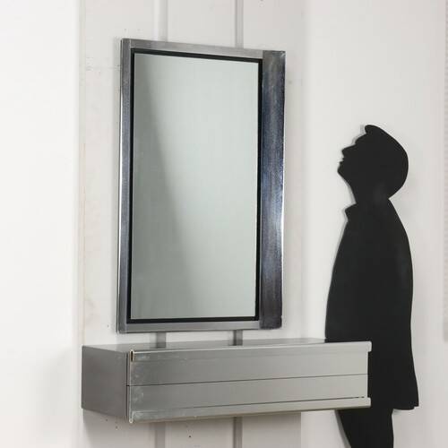 Vintage wooden console table with aluminum mirror, Italy, 1970s, original