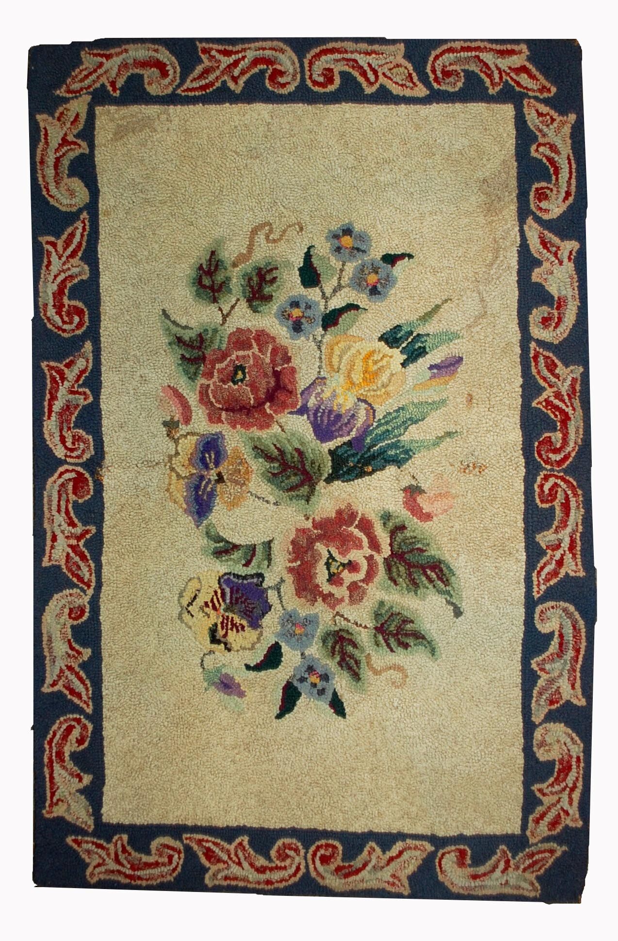 Old American Carpet Hooked handmade 67cm x 103cm 1900s