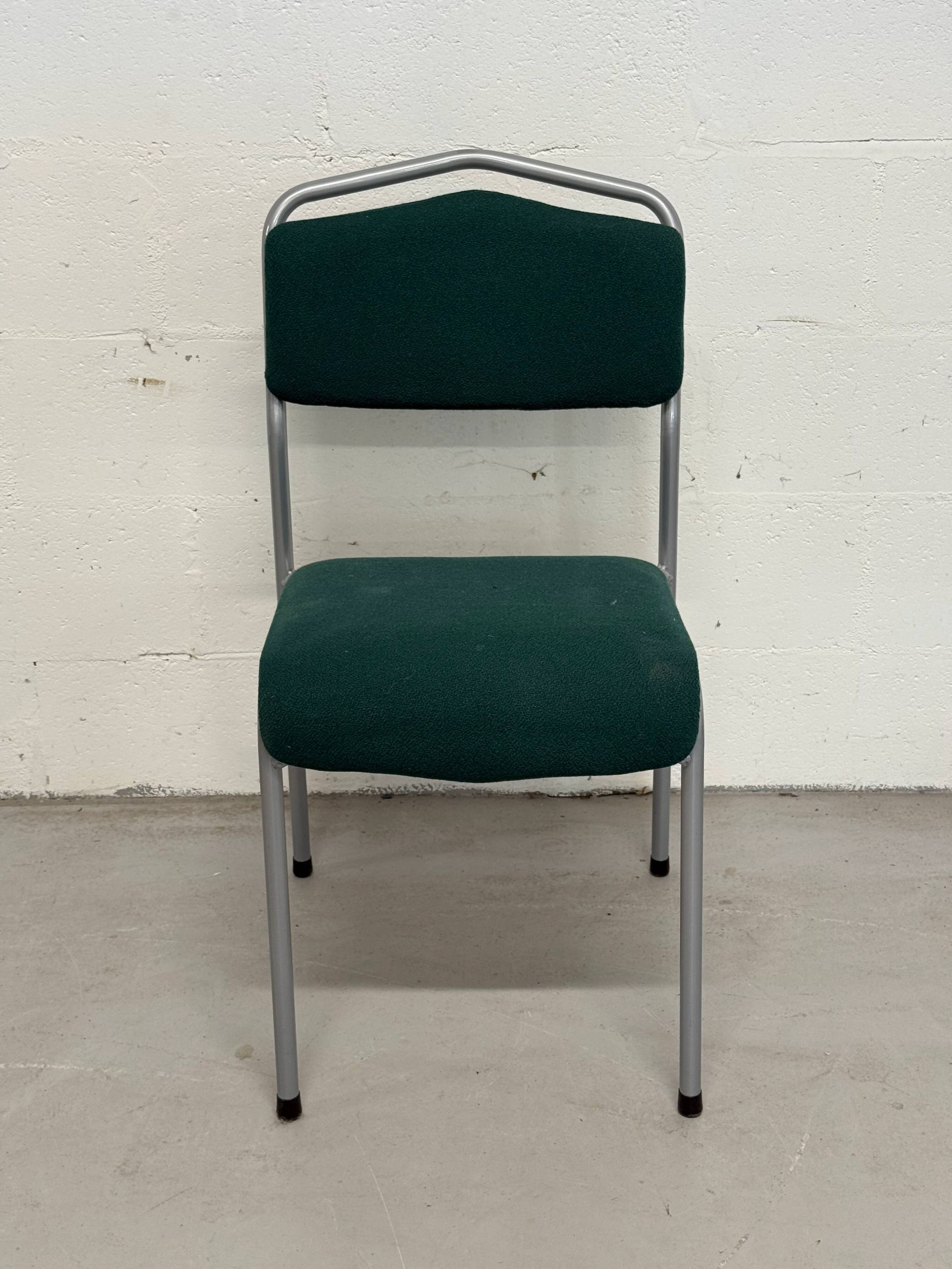 Set of 5 green padded vintage stackable chairs.