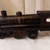 Small JEP mechanical train, including locomotive, tender, sleeping car, rail, 1930s