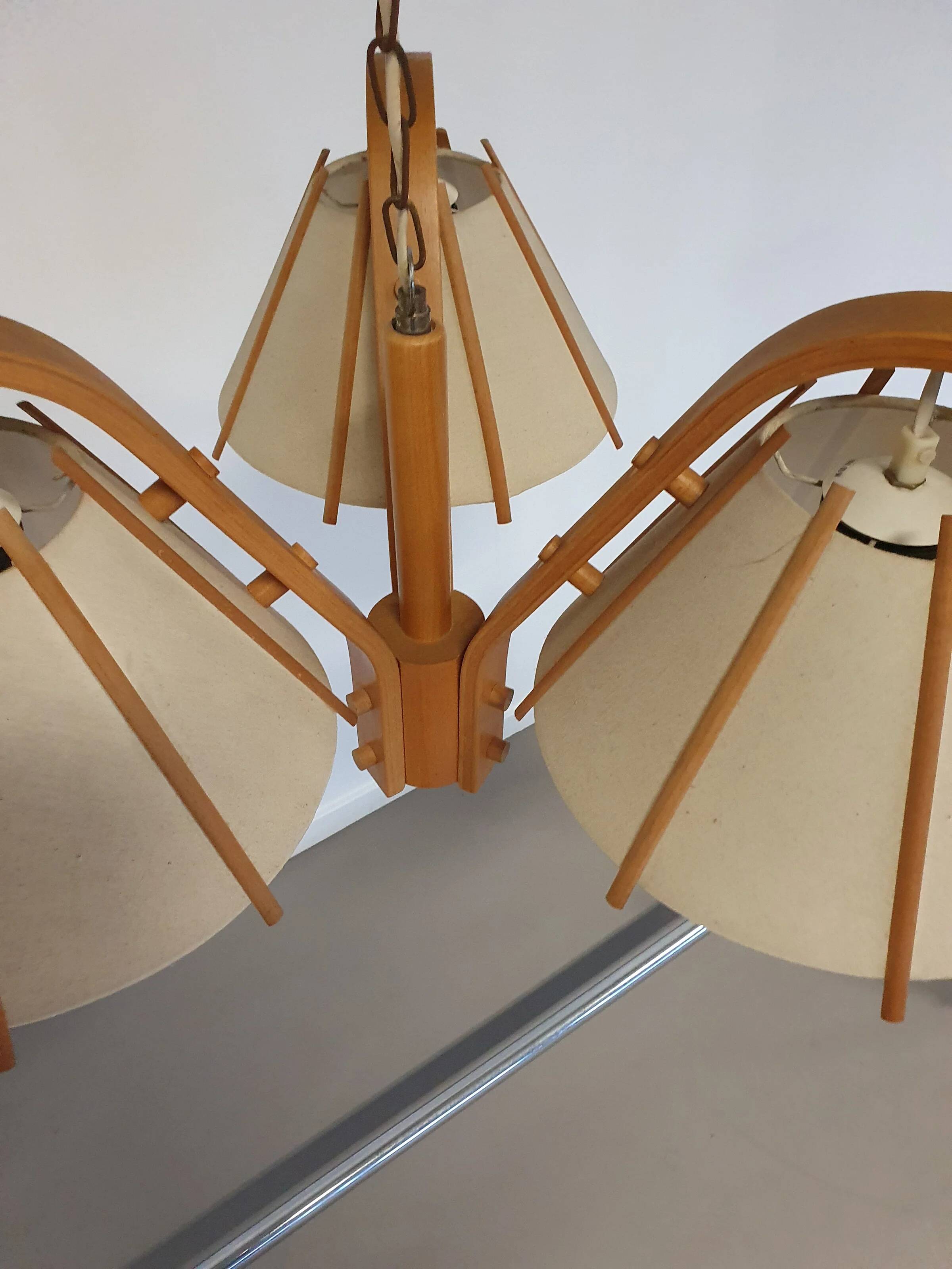 A rare bent beech and fabric three-branch ceiling pendant light by J Wickelgren and M Strandang for Aneta, Sweden, 1970s