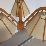 A rare bent beech and fabric three-branch ceiling pendant light by J Wickelgren and M Strandang for Aneta, Sweden, 1970s