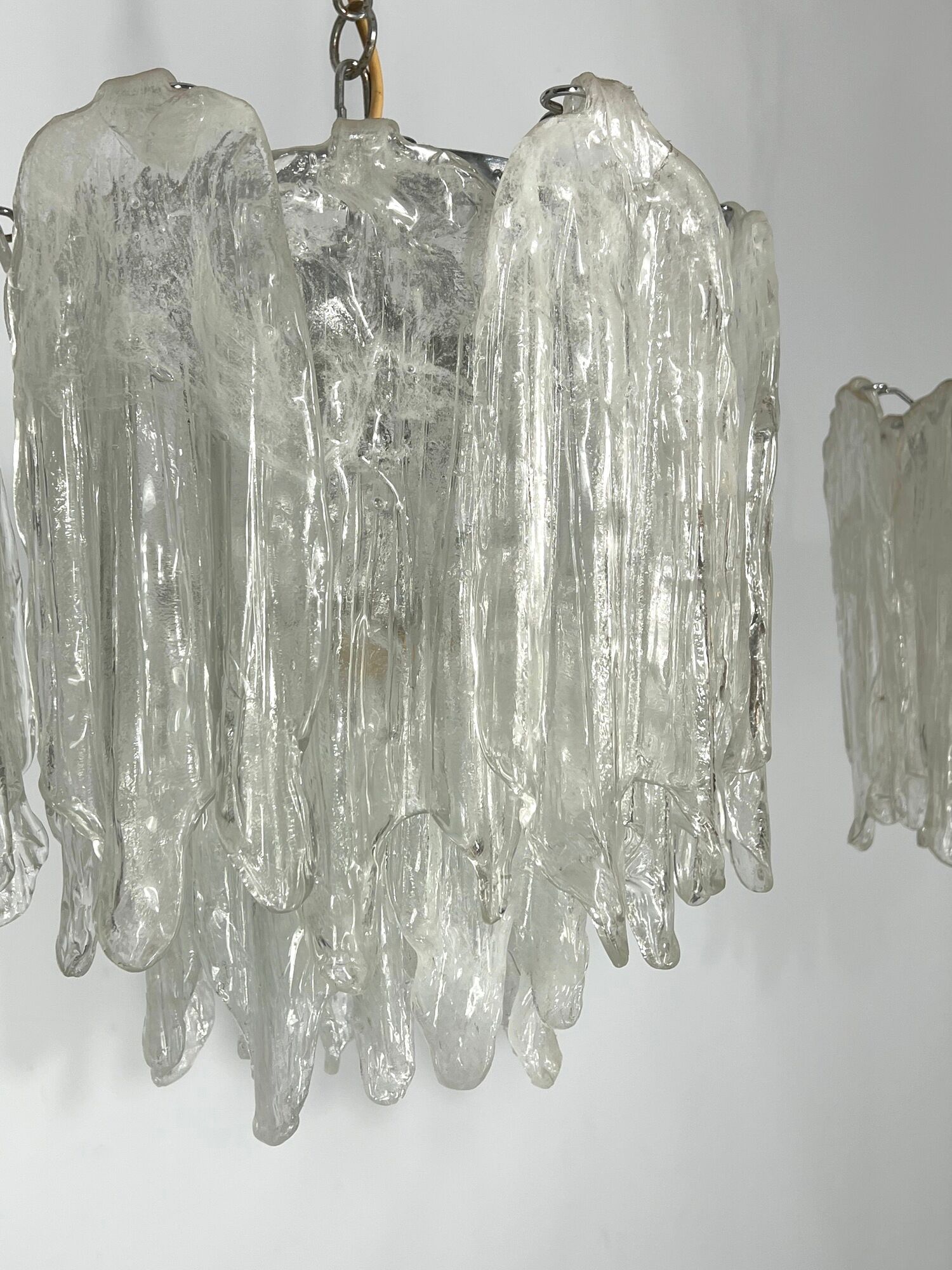 Mazzega Ice glass, pair of vintage murano chandeliers from 70s