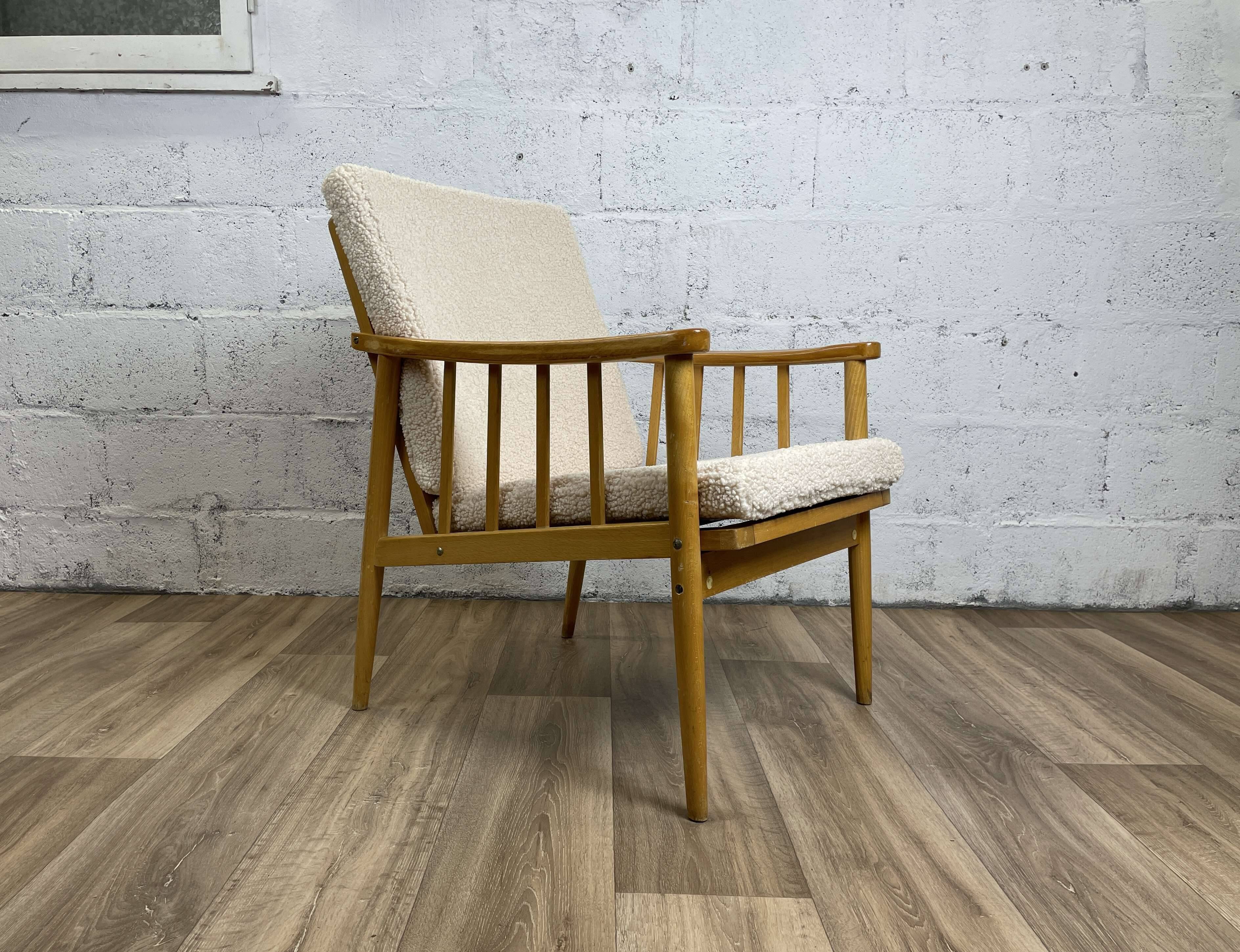 Reupholstered Scandinavian oak armchair, Eastern European origin, 70s-80s
