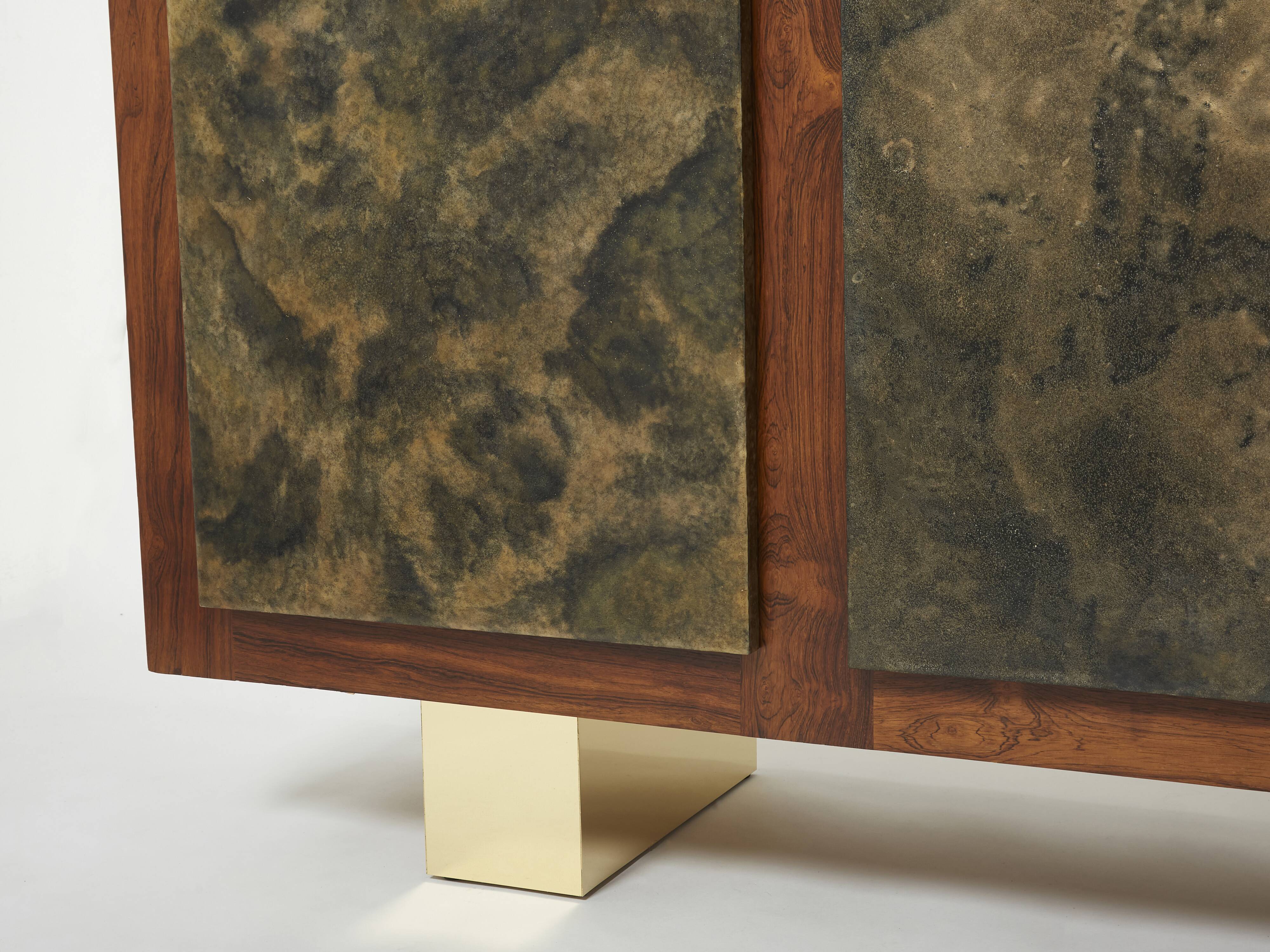Brutalist Belgian enfilade in rosewood, resin, and brass from around 1970.