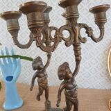 Paire de chandeliers trois branches anges chérubins en régule  - vintage