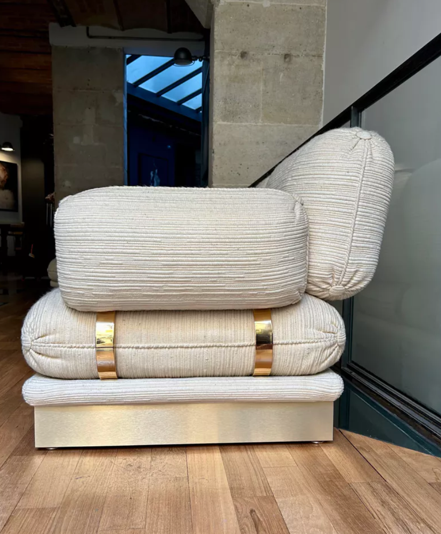 Vintage Thibier 3-seater sofa, beige fabric and brass, France 1978