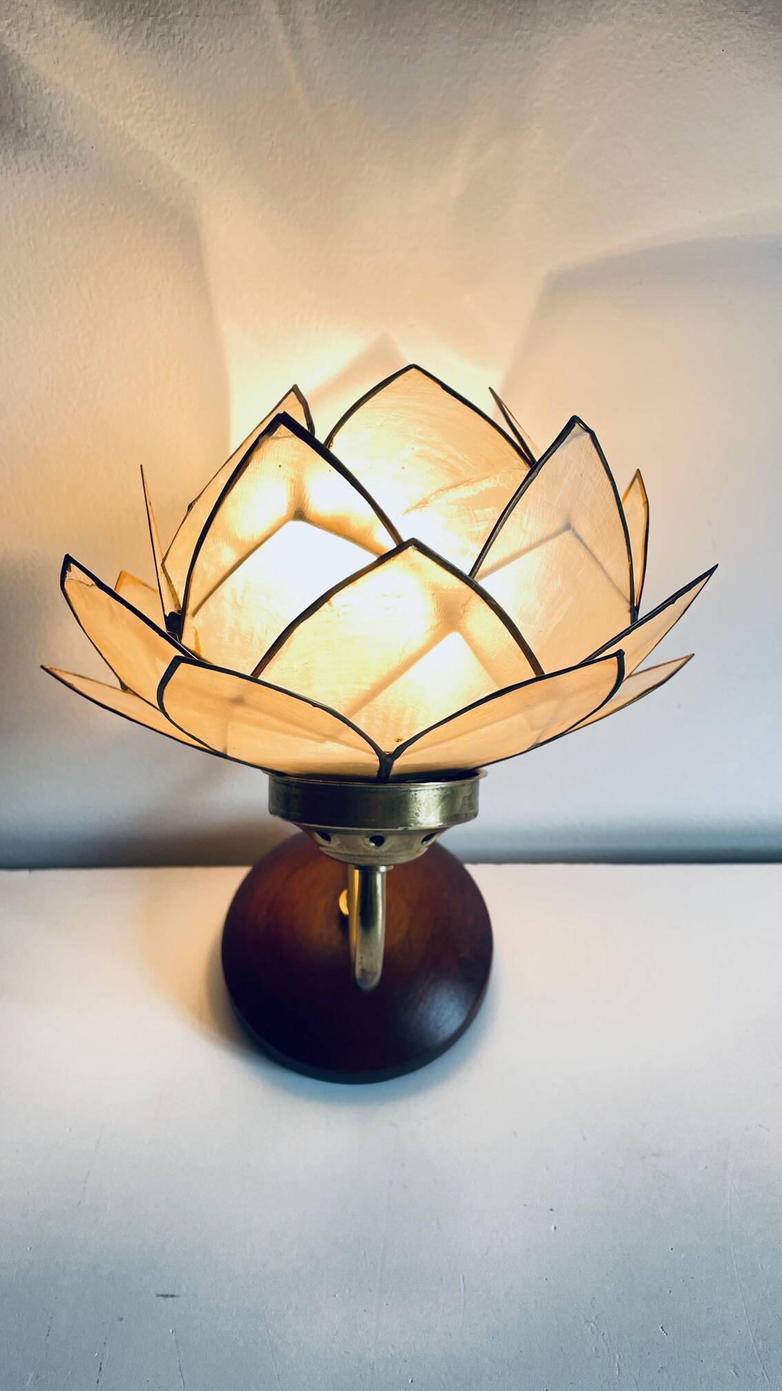 Vintage mother-of-pearl and brass flower wall lamp