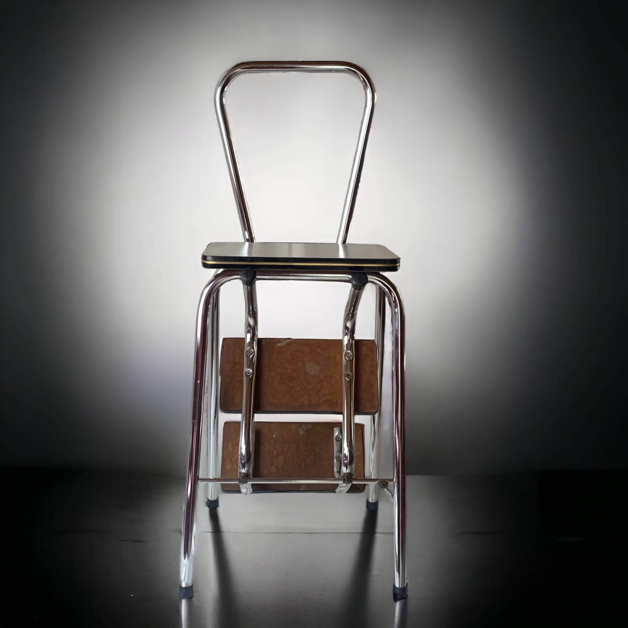 Vintage stepladder in Formica, wood and chromed metal