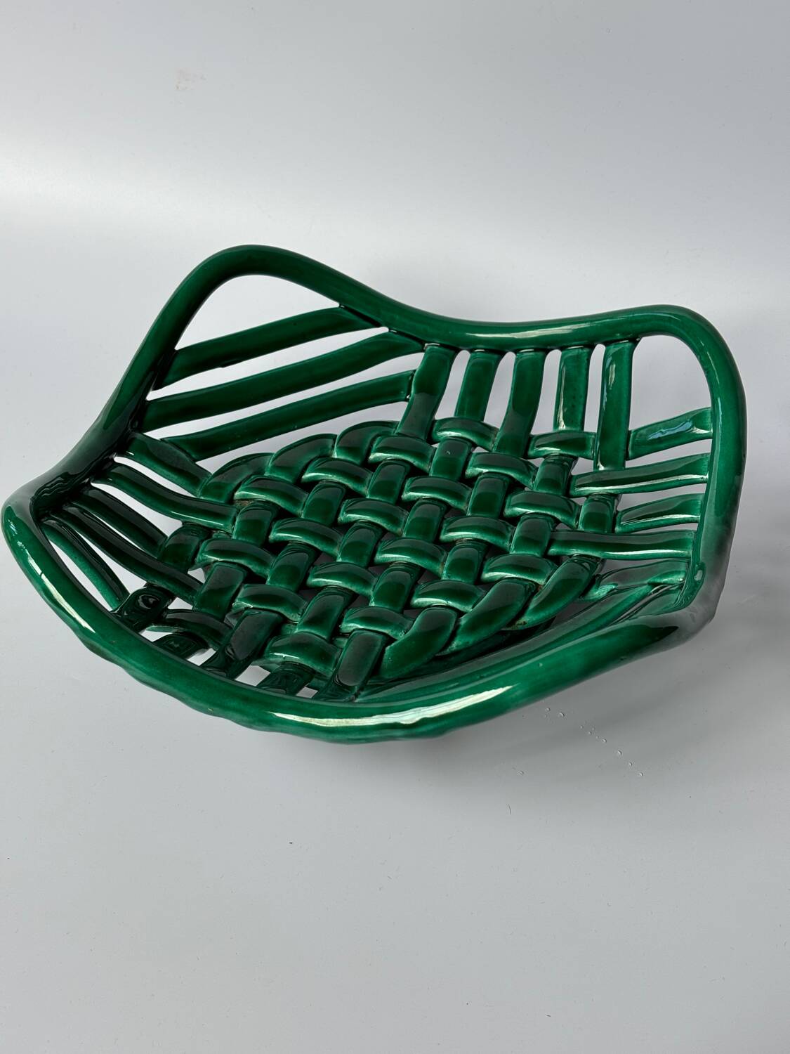 Green woven ceramic basket bowl