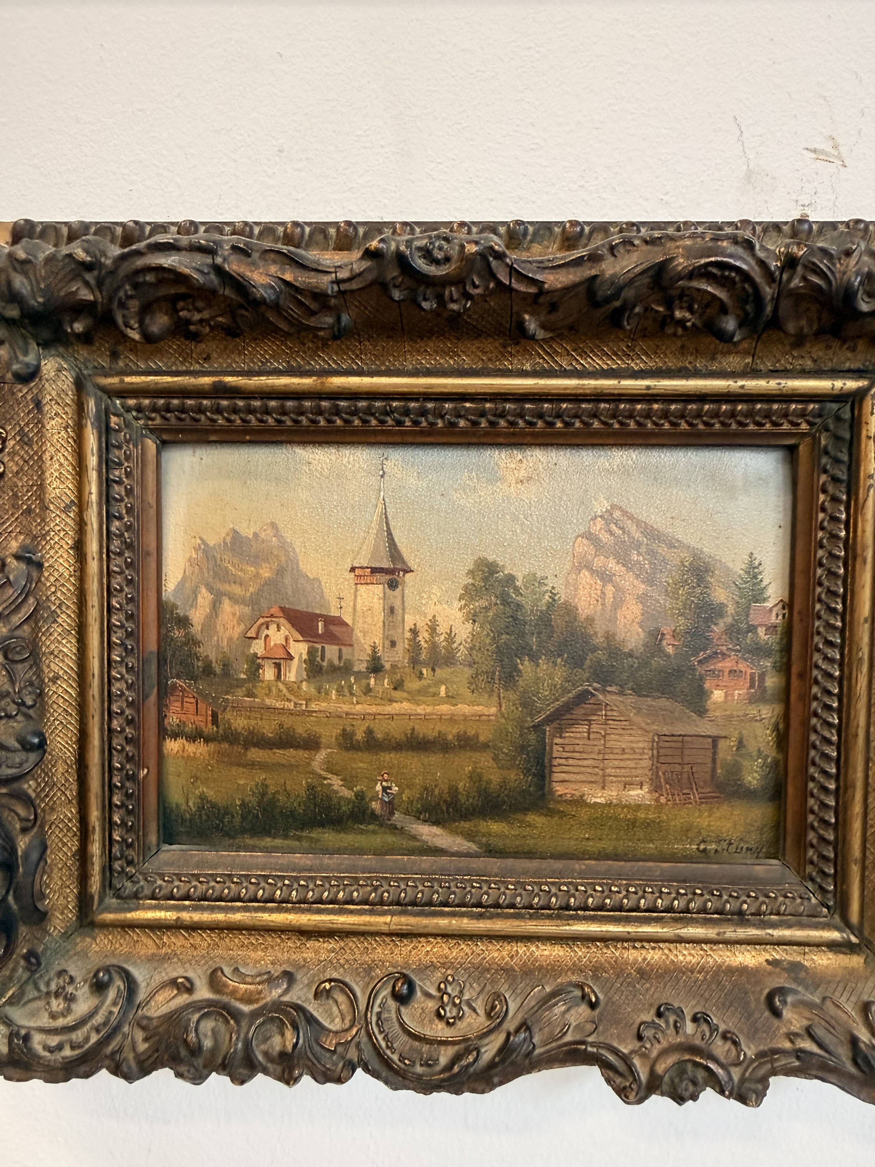 Oil on panel, old Mountain village signed Gottfried Stury XIX.