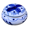 Box 7cm ceramic signed Minh Anh Vietnam candy box blue flower handcrafted and painted