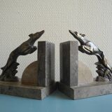 Paire de serre-livres lévriers Art déco en bronze et marbre