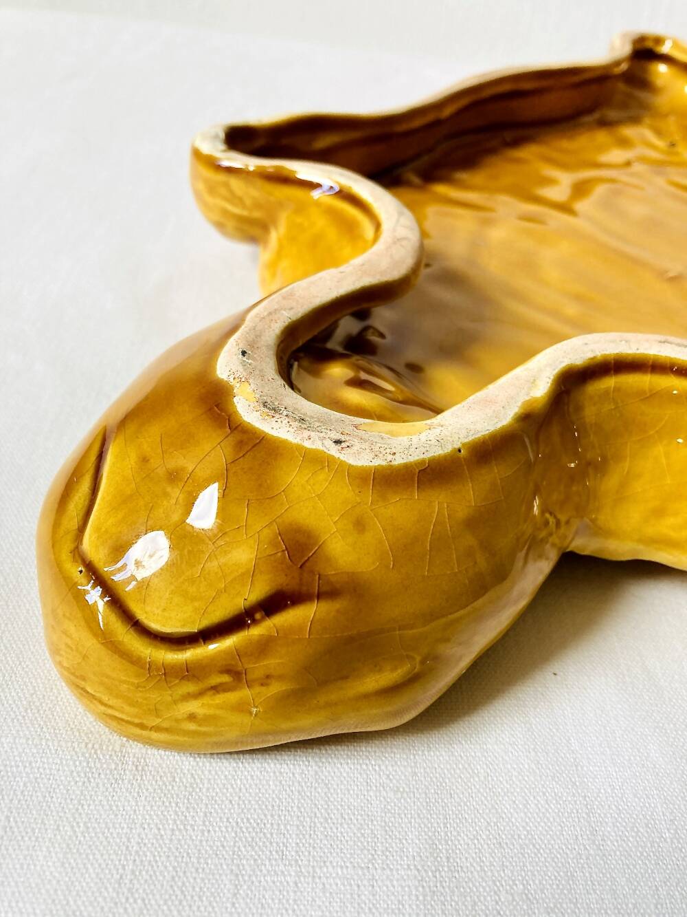 Large mustard yellow ceramic turtle dish, vintage 1950s-1970s.