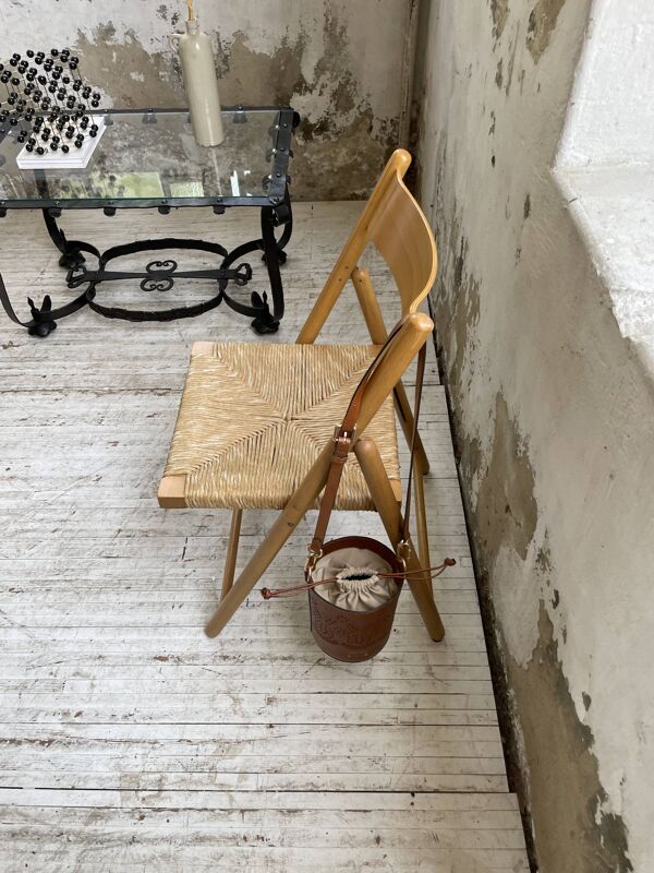 Chaise pliante hêtre et paille années 80