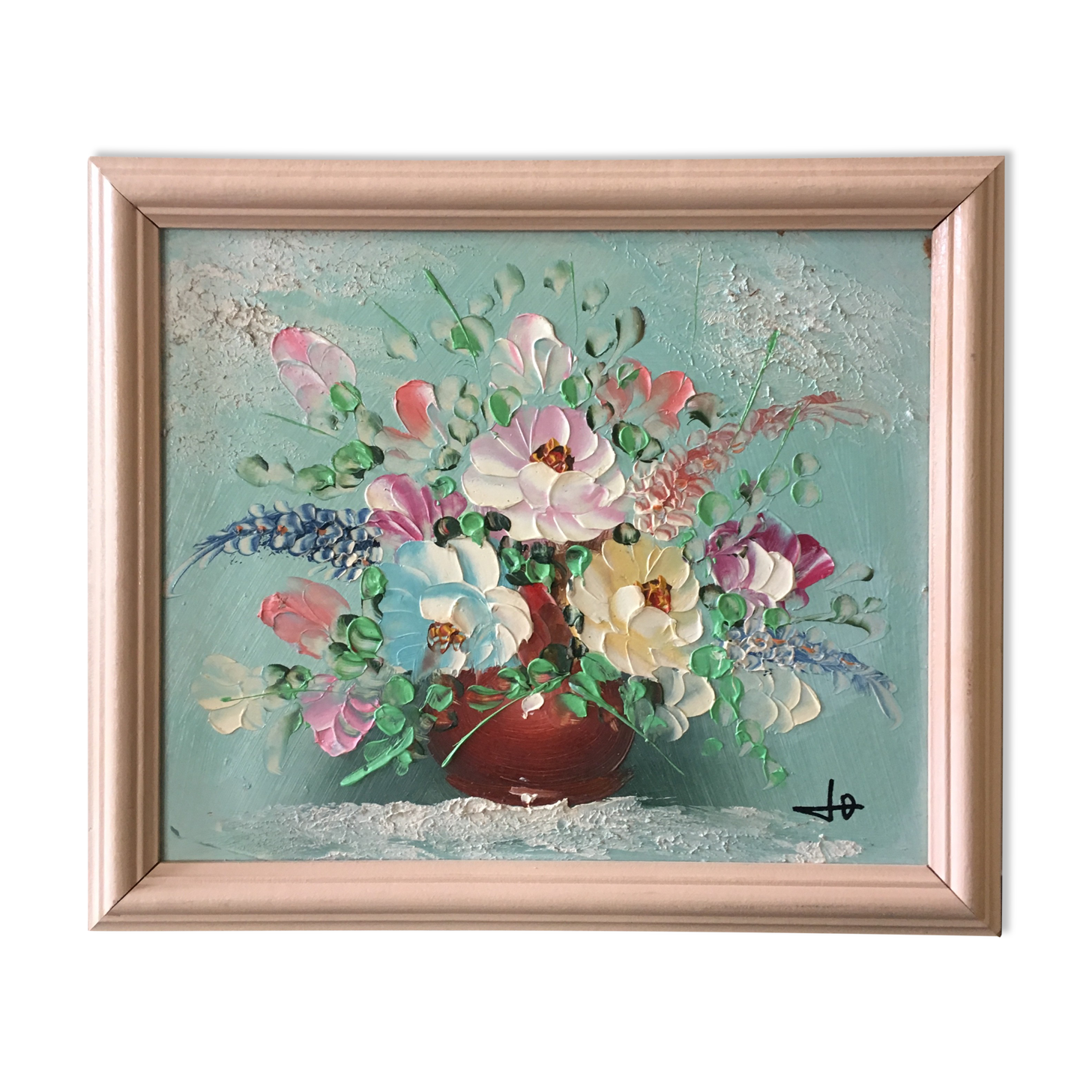 Painting painting in powder pink oil, blue-green